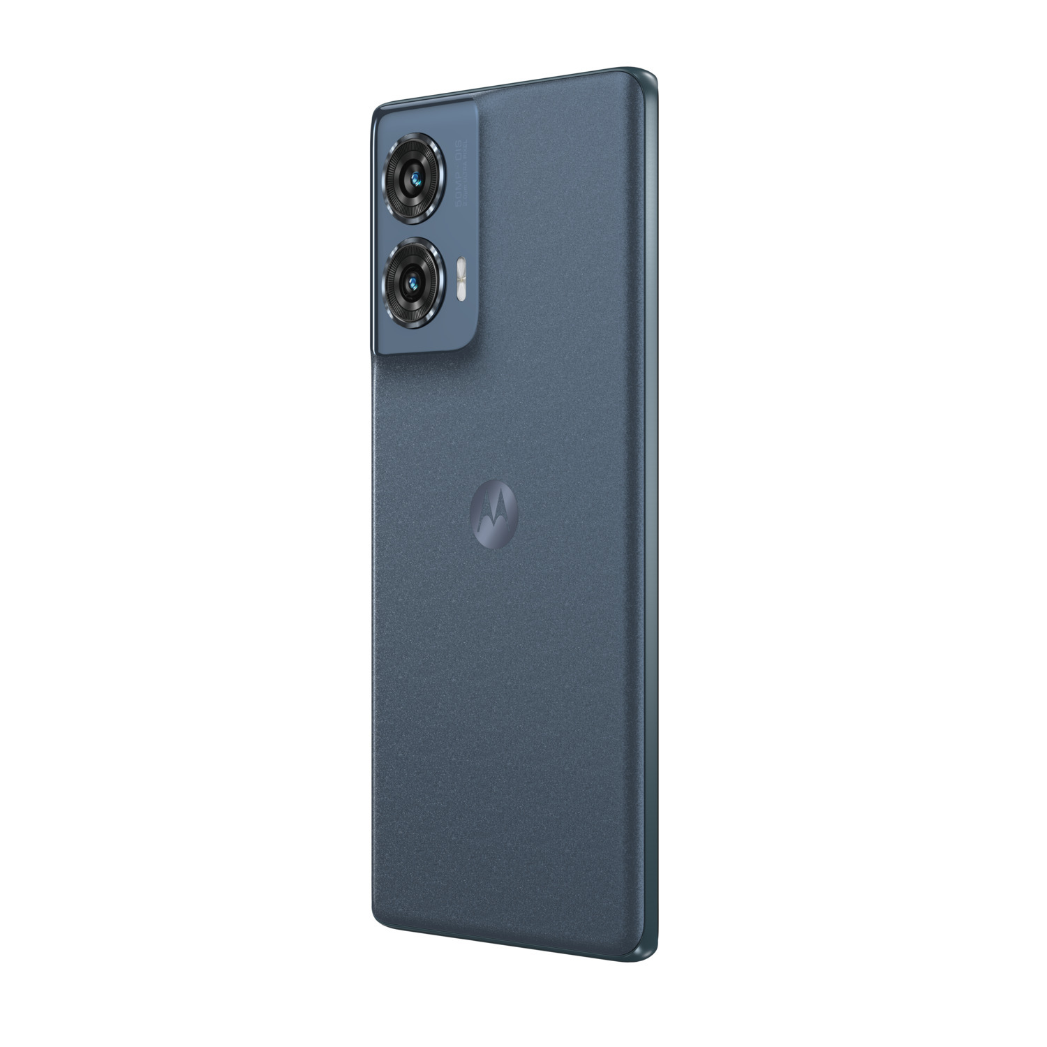 Un téléphone Motorola bleu-gris vu de côté, montrant deux caméras et un logo au dos.