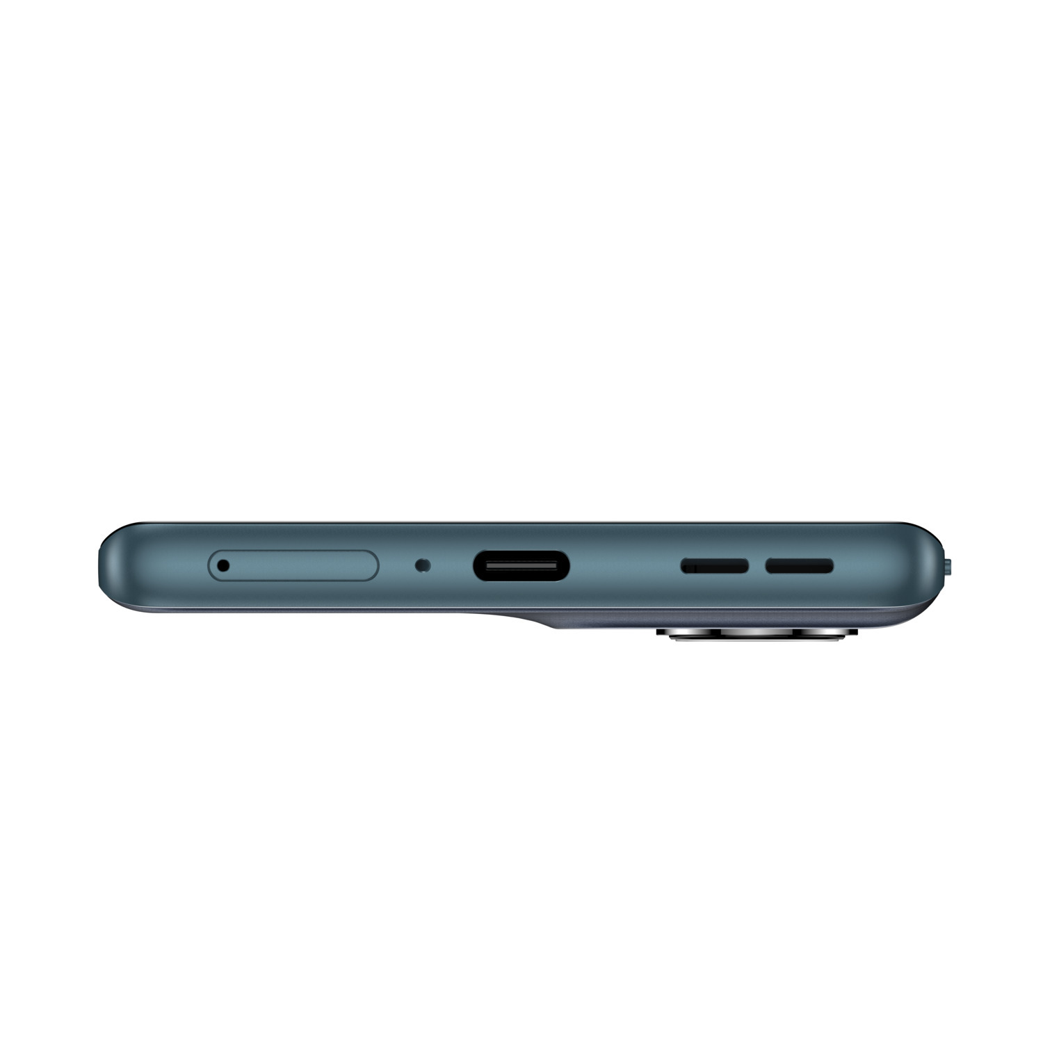 Bord inférieur d'un téléphone sarcelle, avec port de charge, haut-parleurs et fente SIM. Fond blanc.