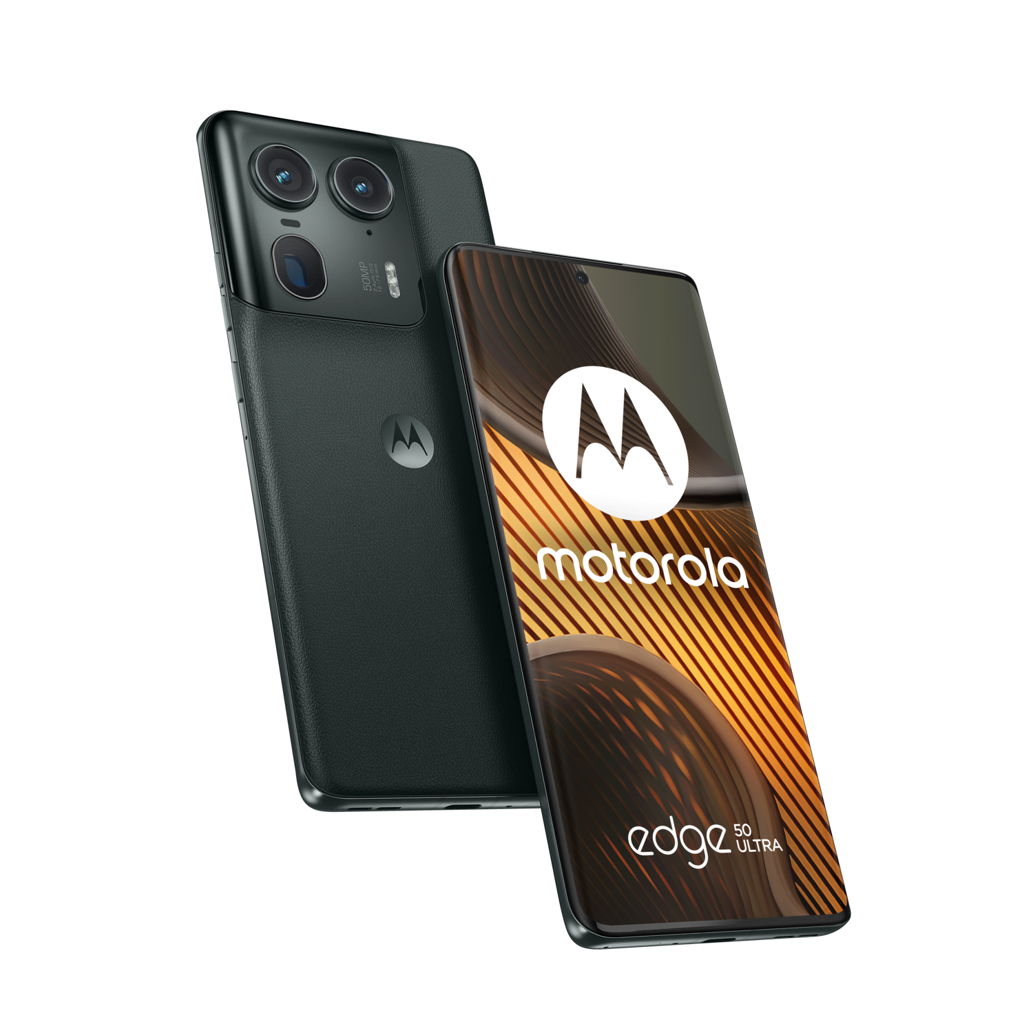 Smartphone Motorola Edge 50 Ultra, noir, avec plusieurs caméras. L'écran affiche le logo Motorola.