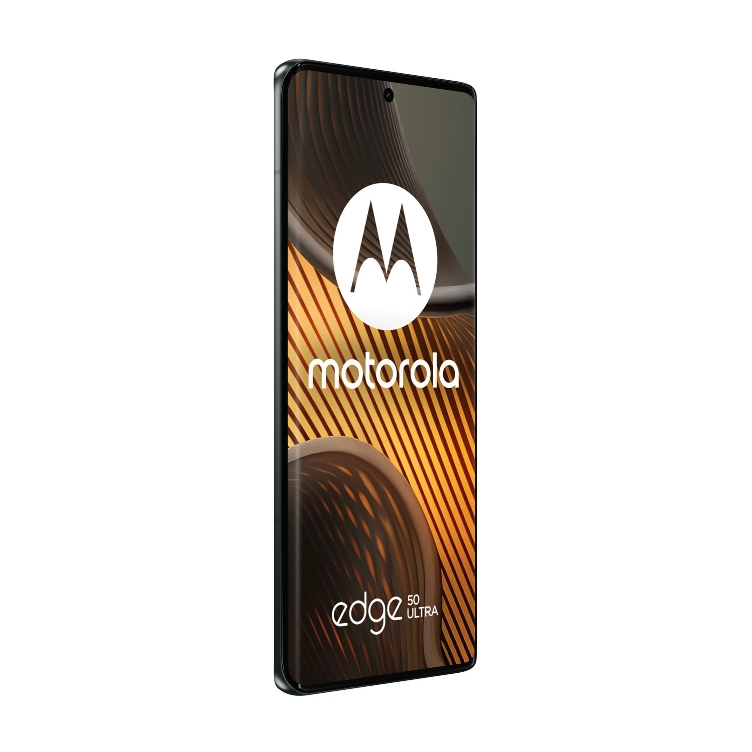 Téléphone Motorola Edge 50 Ultra, bords noirs, logo blanc, fond doré.