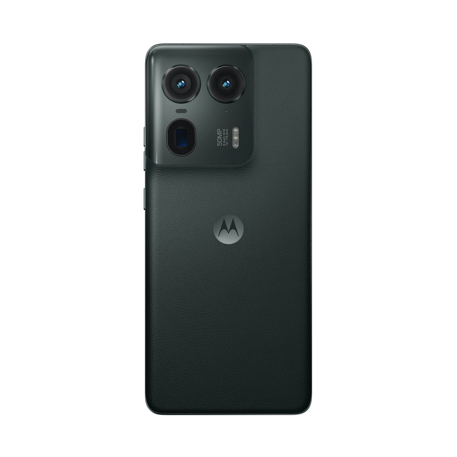 Un smartphone Motorola noir est sur une surface blanche. Il possède deux caméras arrière et un logo.