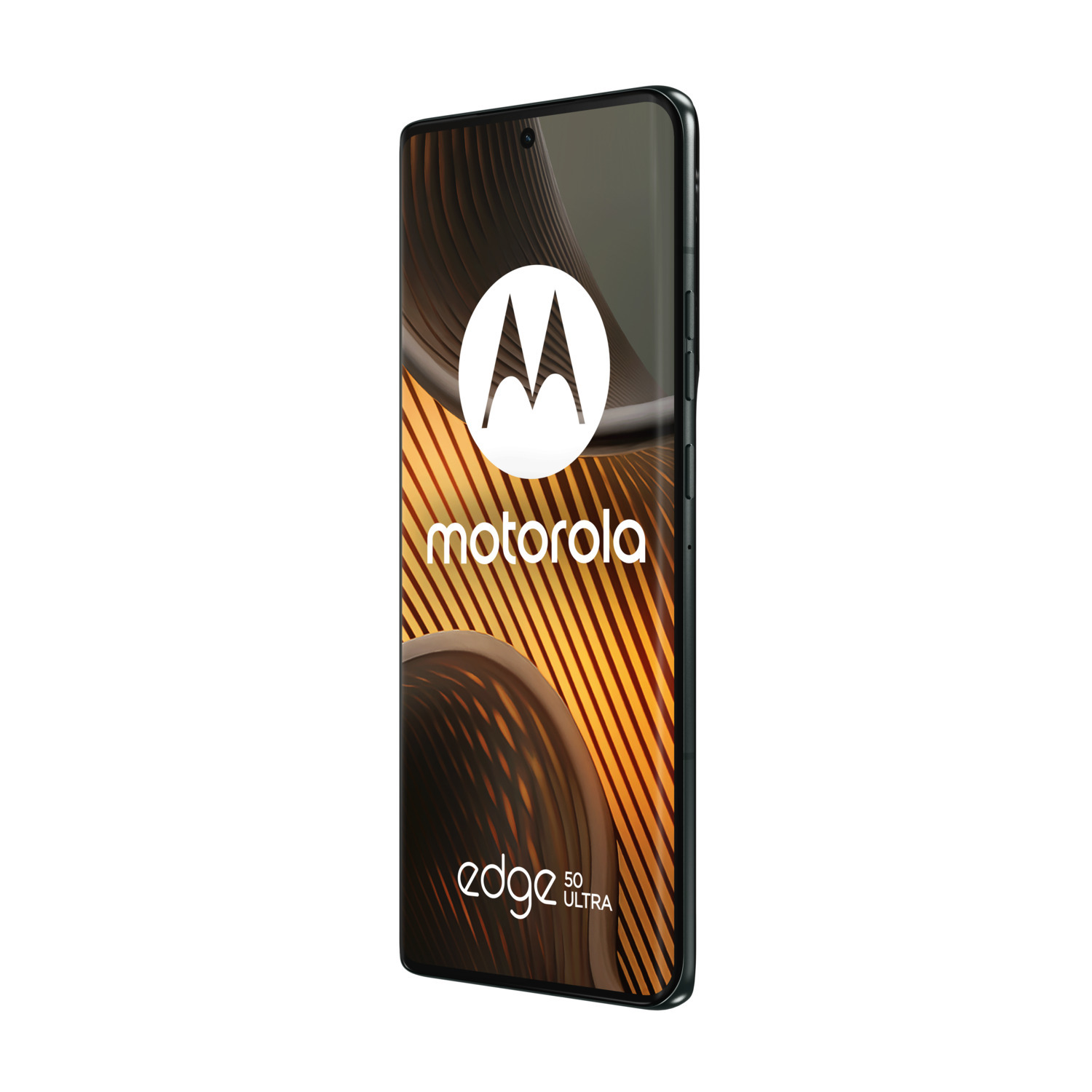 Téléphone Motorola Edge 50 Ultra de couleur vert foncé. L'écran affiche le logo de la marque.