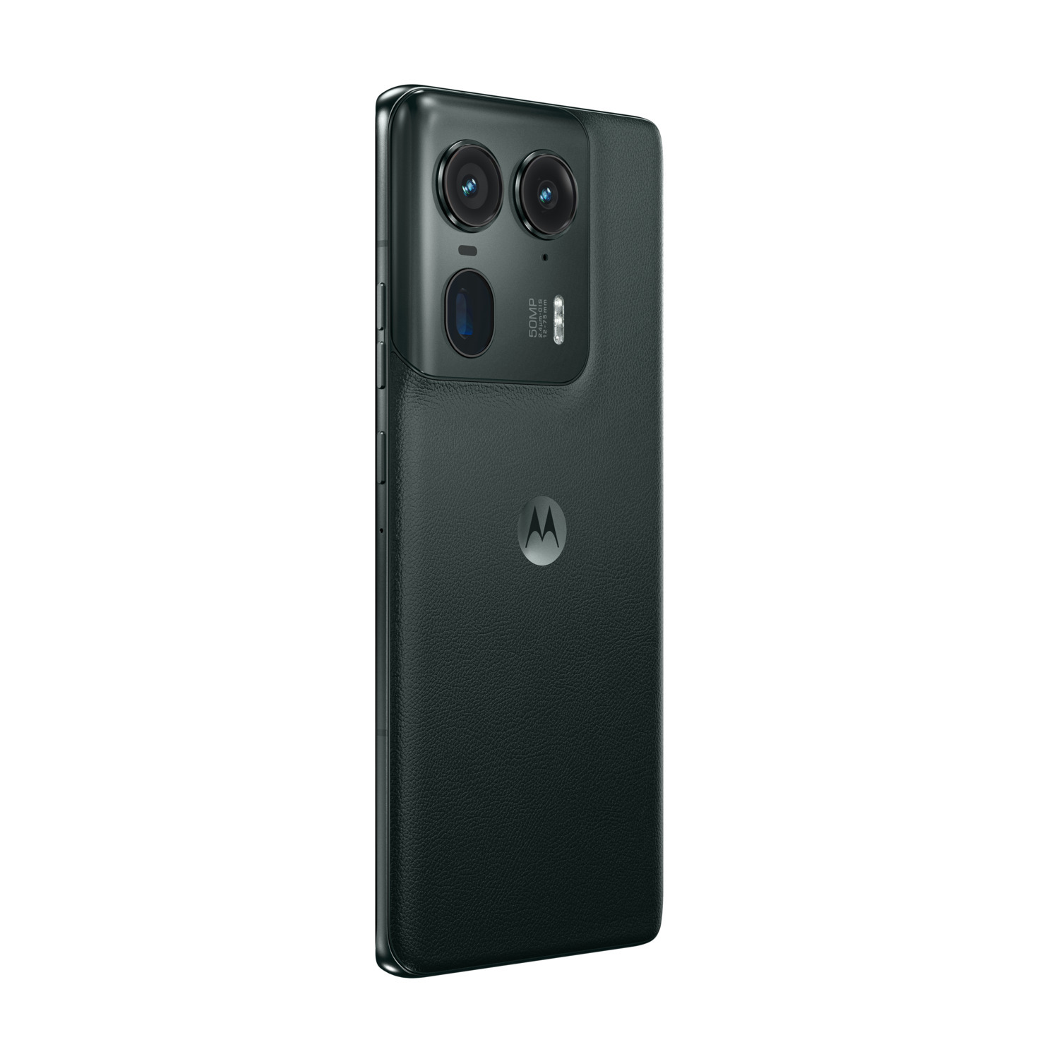 Téléphone noir avec dos en similicuir, deux caméras arrière et logo Motorola sur fond blanc.