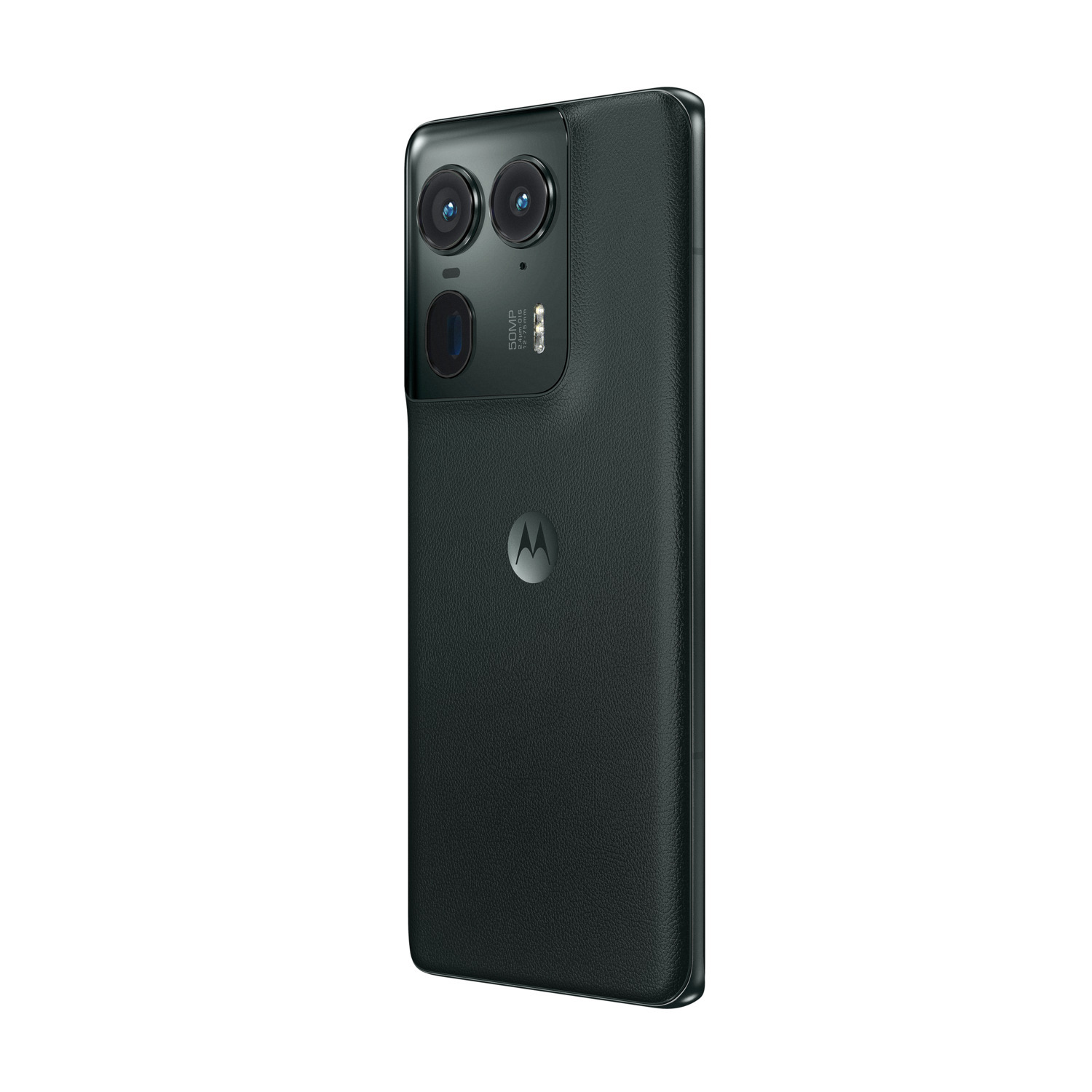 Téléphone Motorola noir de côté. Il possède deux caméras et une texture semblable au cuir à l'arrière.
