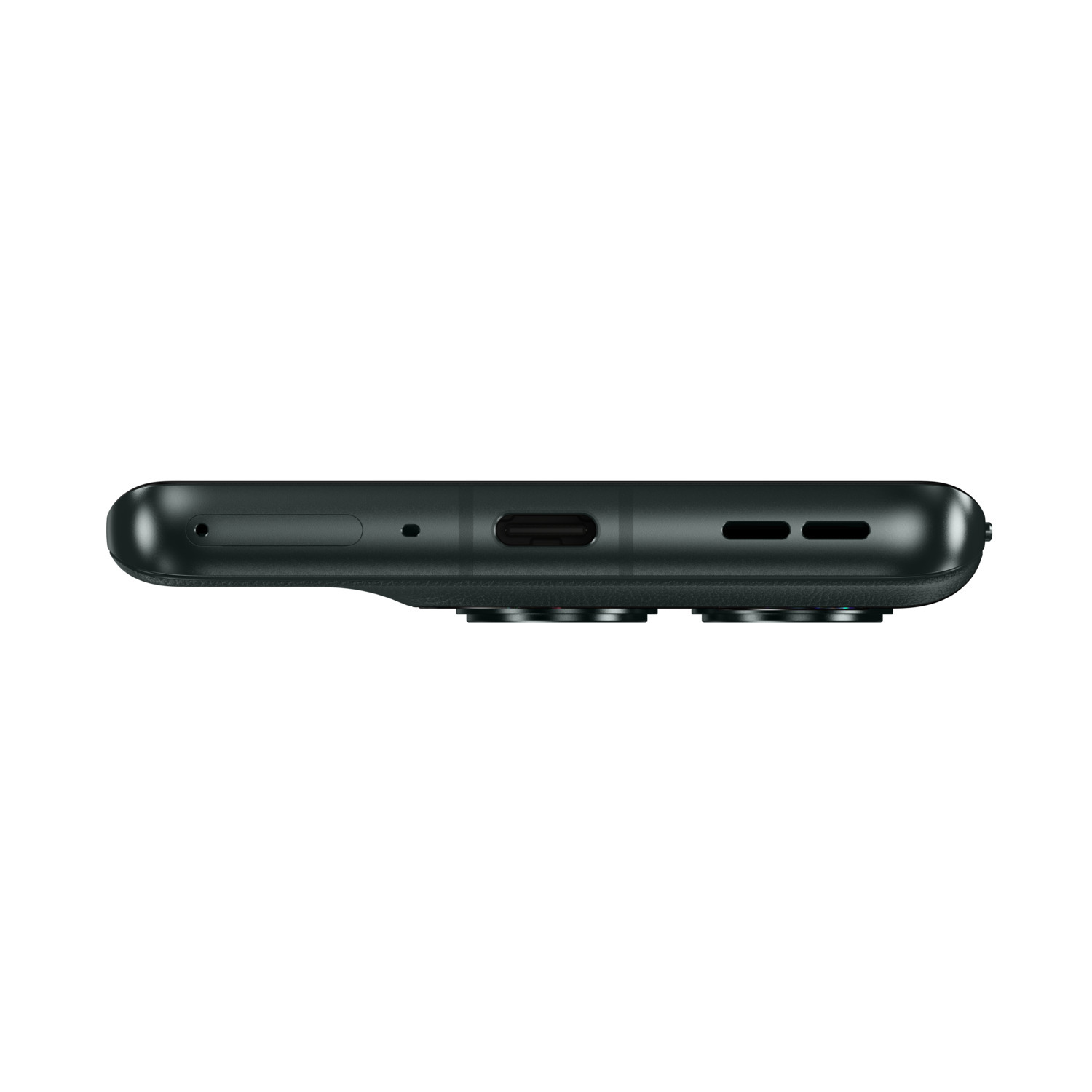 Bas d'un téléphone noir avec port de charge et découpes de caméra. Vue de dessus.