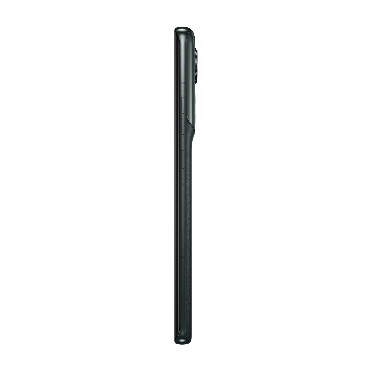 Vue latérale d'un smartphone noir sur une surface blanche.