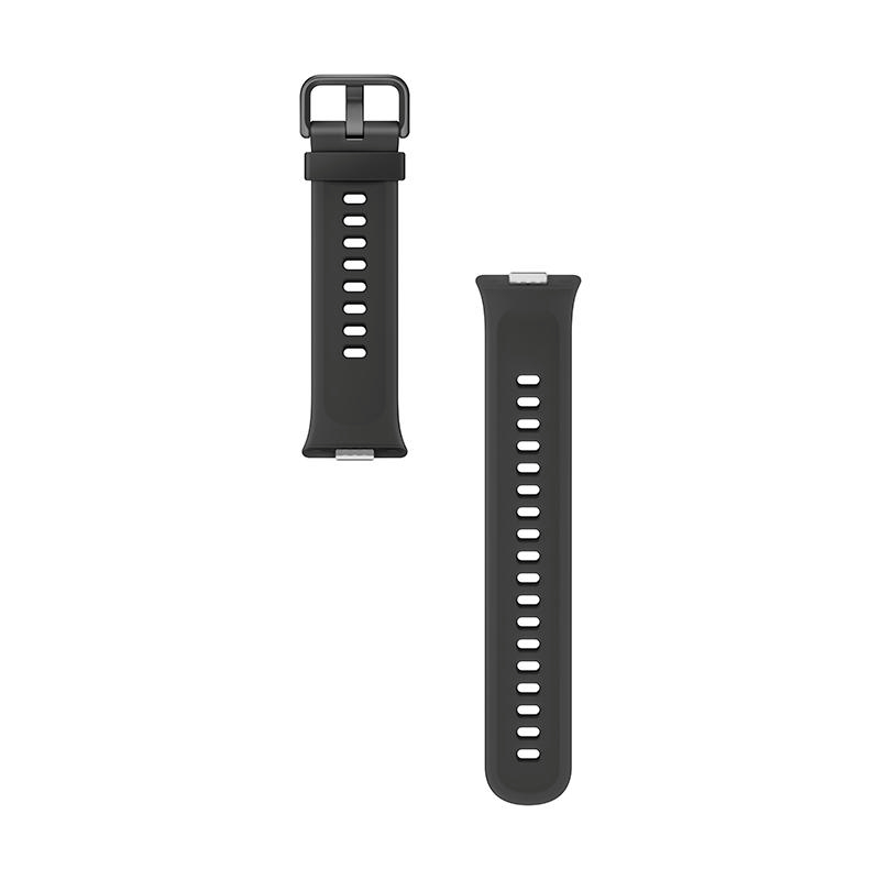 Schwarze Armbanduhr-Teile. Eines mit Löchern und Schnalle, das andere mit Stiften.