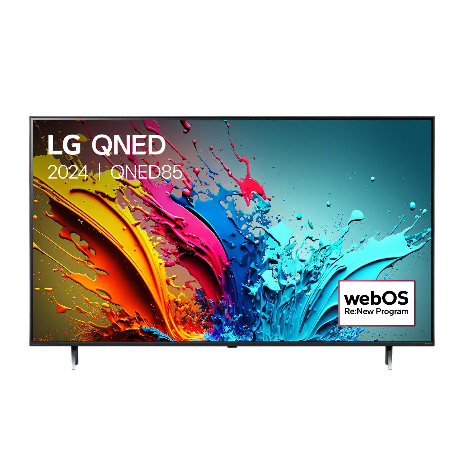 TV LG QNED affichant de l'art abstrait coloré sur un support.