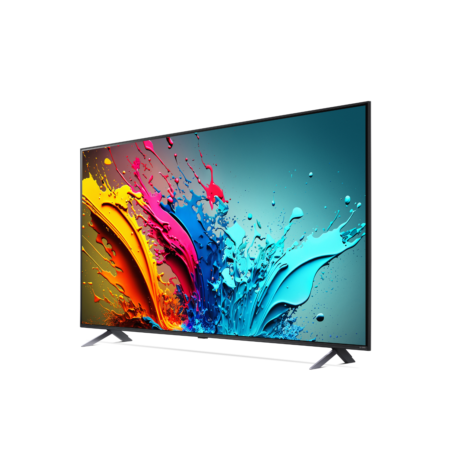 Grand écran de télévision avec de l'art éclaboussé coloré sur fond blanc. Cadre noir.