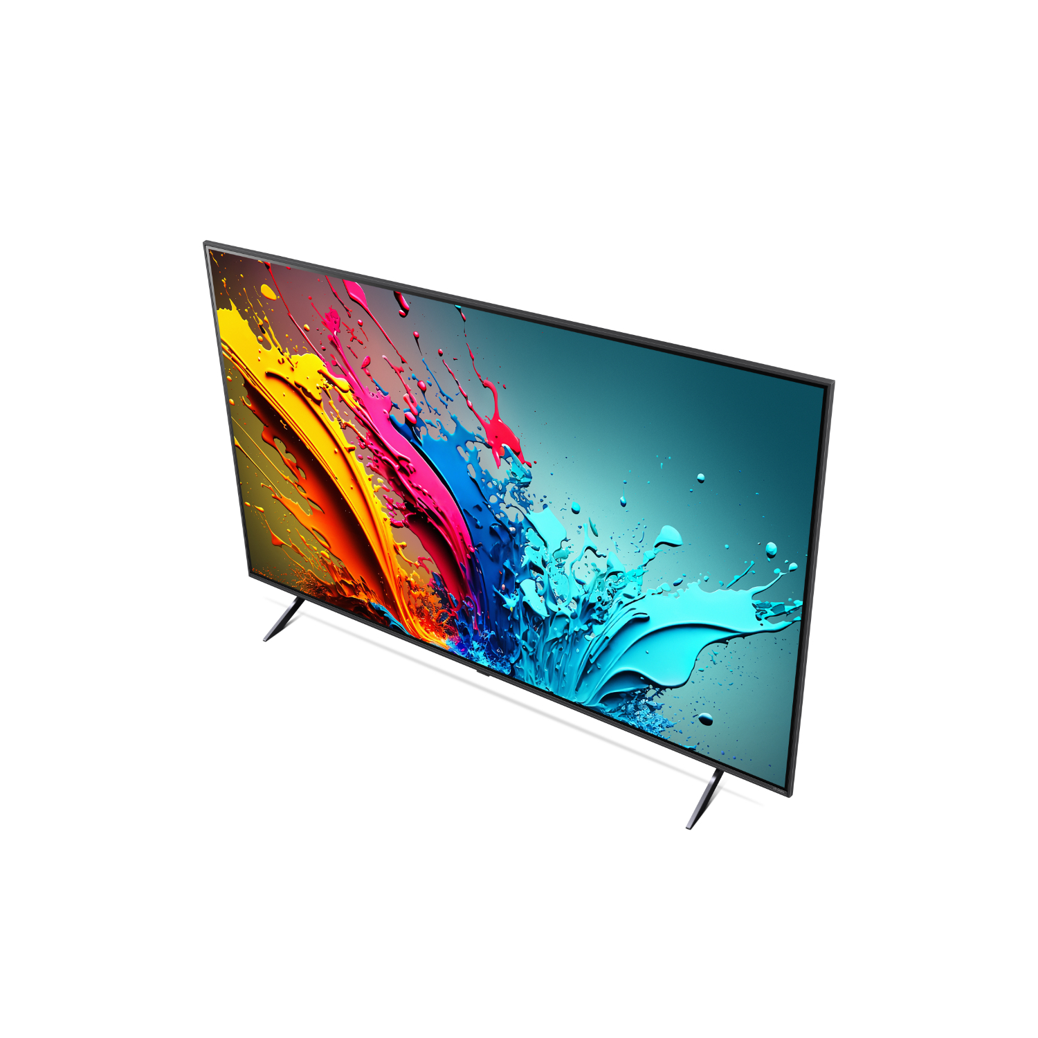 Un grand téléviseur avec un affichage d'art abstrait coloré. La télévision est sur fond blanc.