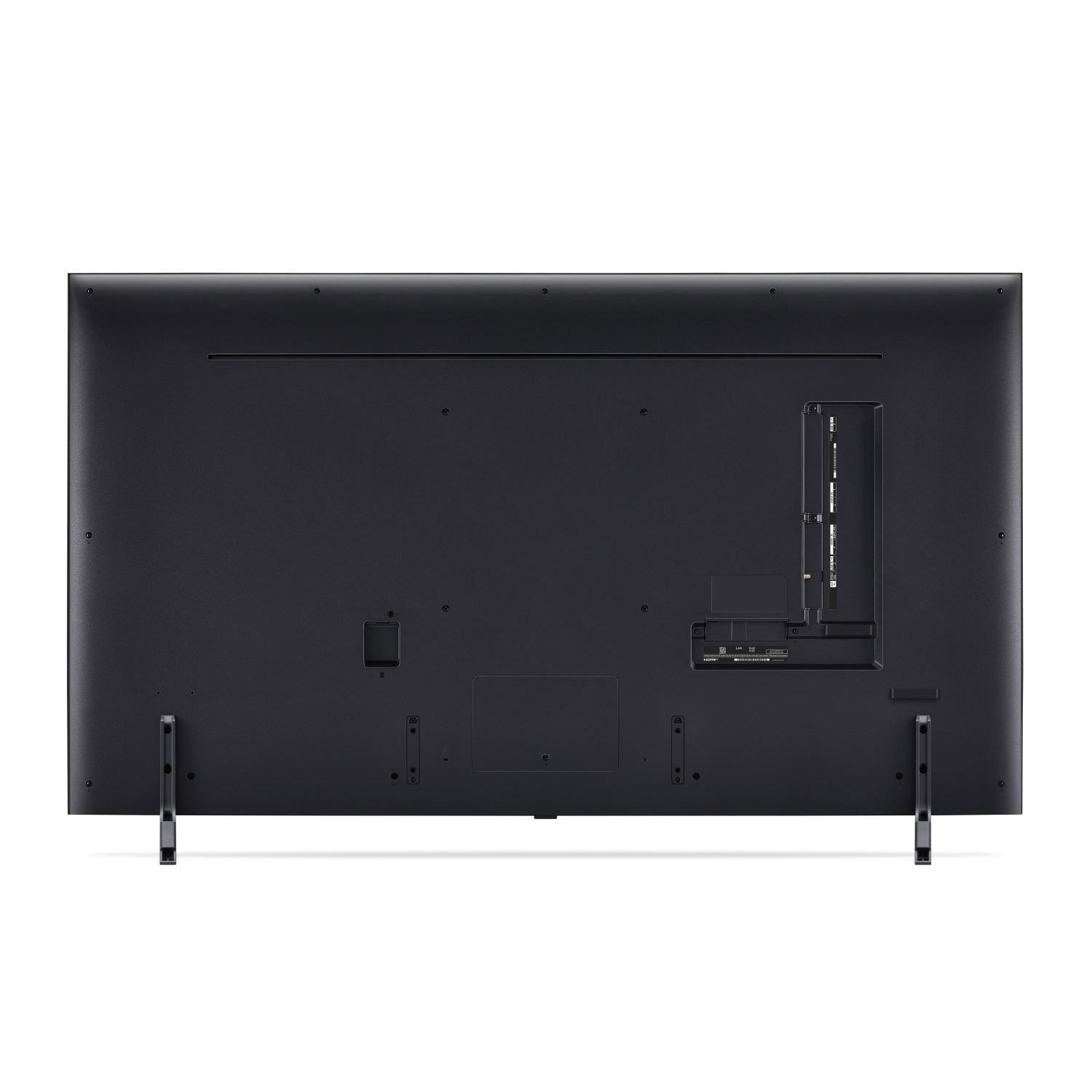 Panneau arrière du téléviseur. Ports à l'arrière. Téléviseur noir avec support. Design minimaliste.