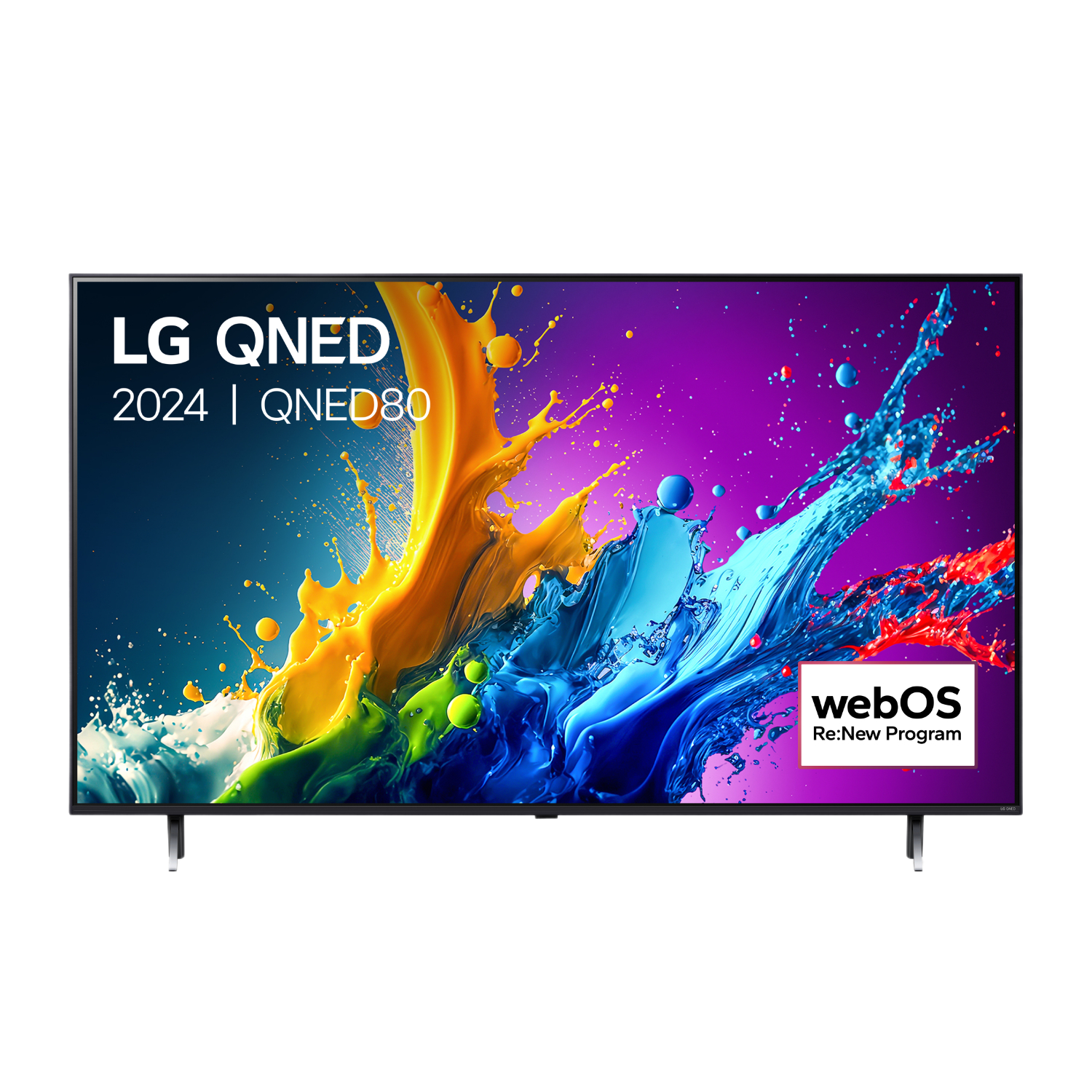 LG QNED 2024 QNED80 TV, een kleurrijk abstract beeld. Het webOS Re:New Program-logo is zichtbaar.