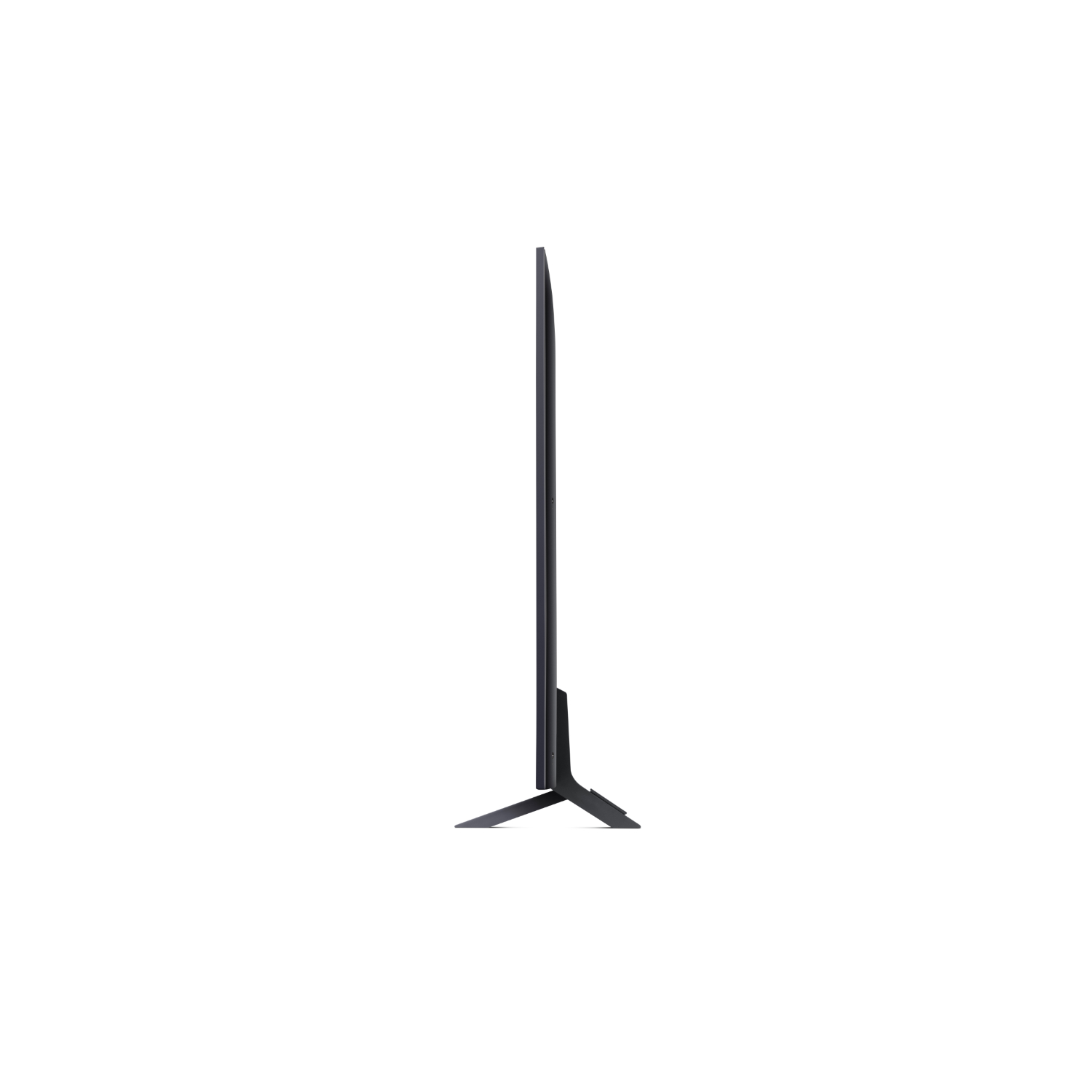 Zijaanzicht van een zwarte flatscreen-tv op een standaard, dun profiel, witte achtergrond.