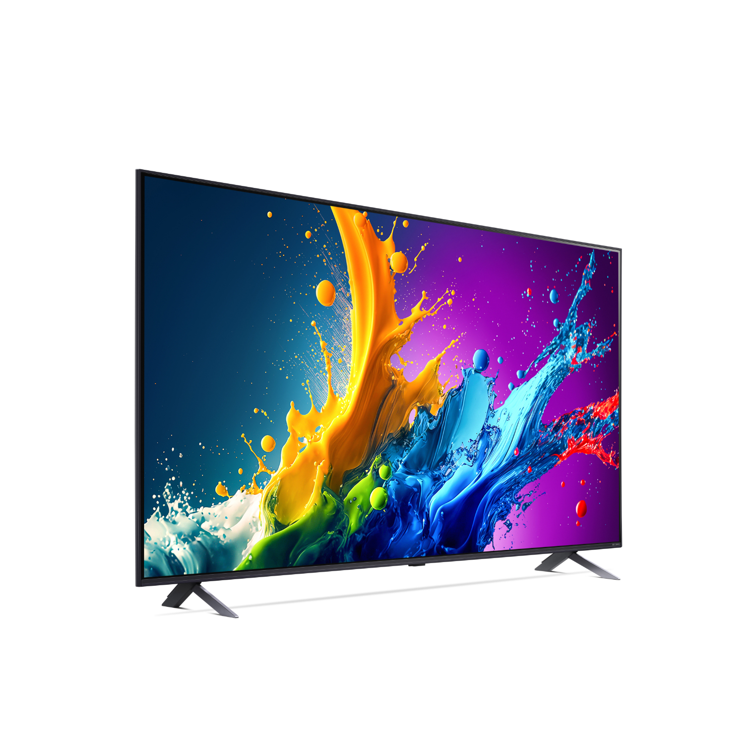 Een grote tv toont een kleurrijk abstract kunstwerk. De tv is zwart met strakke poten, geïsoleerd op wit.