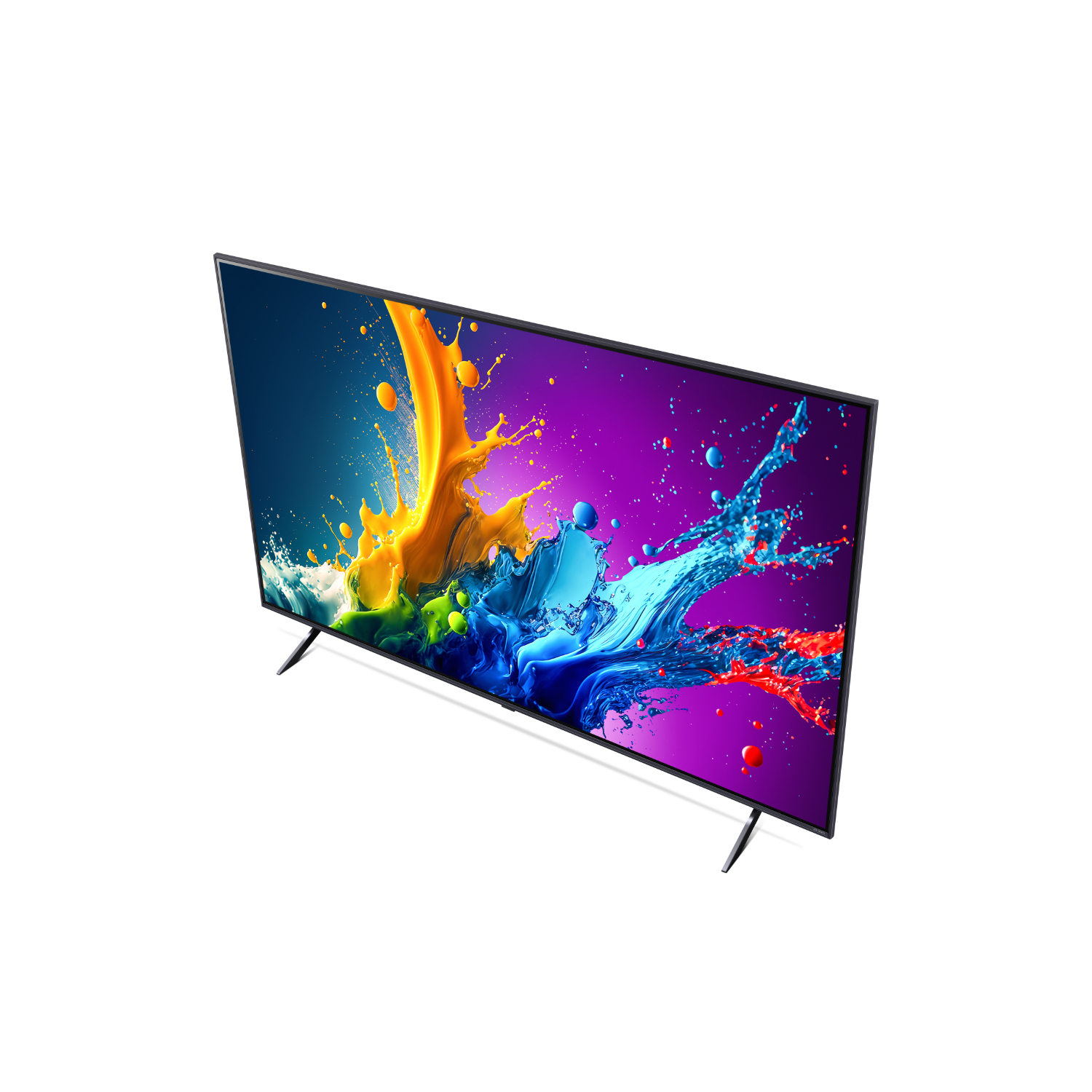 Een tv-scherm met een kleurrijk verfspatontwerp. De tv staat op een witte achtergrond.