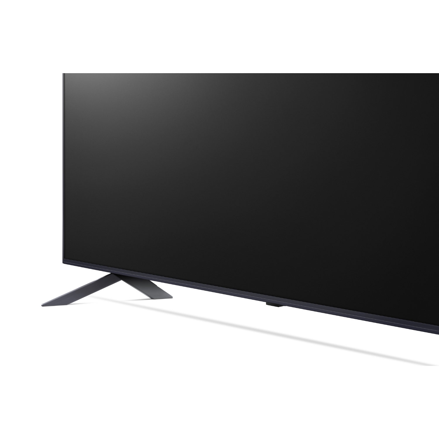 Zwart tv-scherm met een standaard op een witte achtergrond.