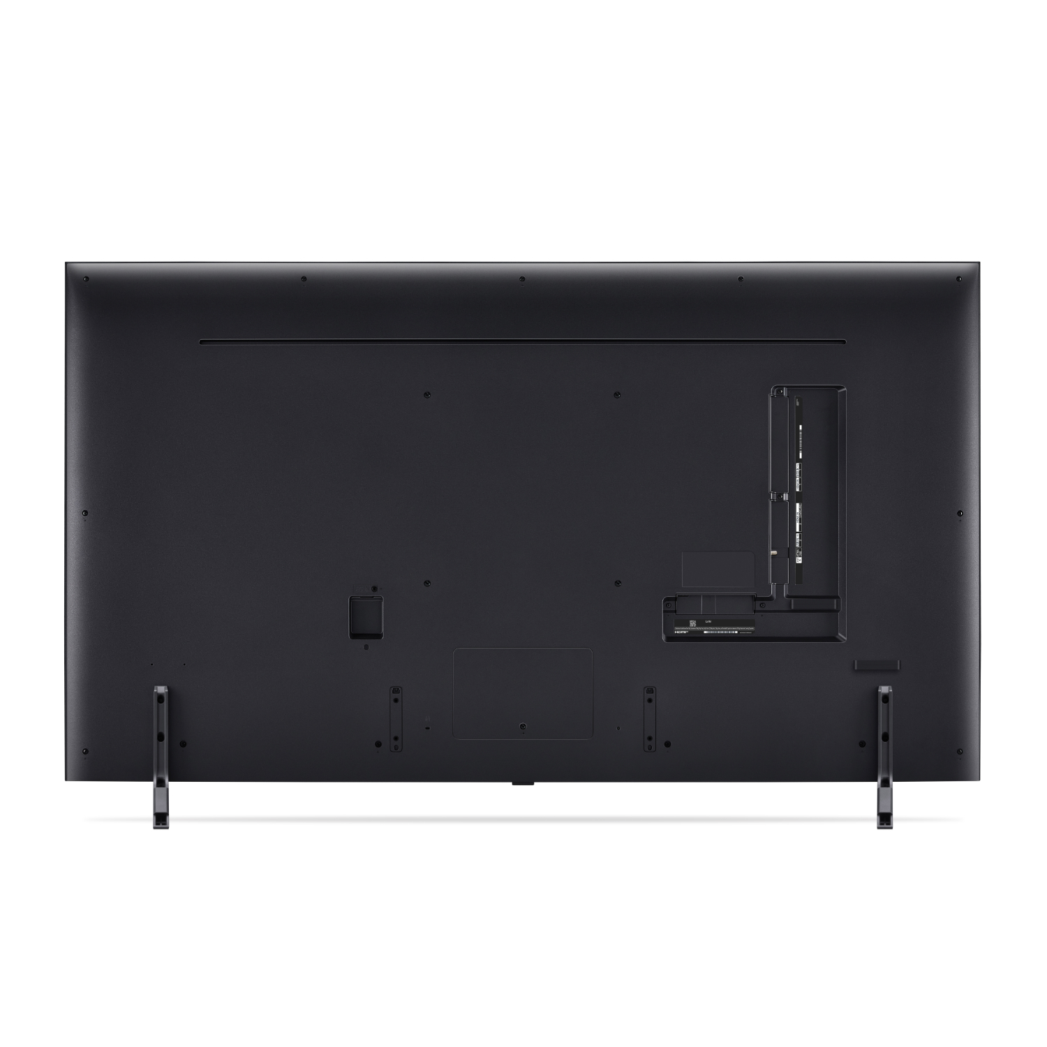 De achterkant van een grote, zwarte flatscreen-tv met diverse poorten en standaards.