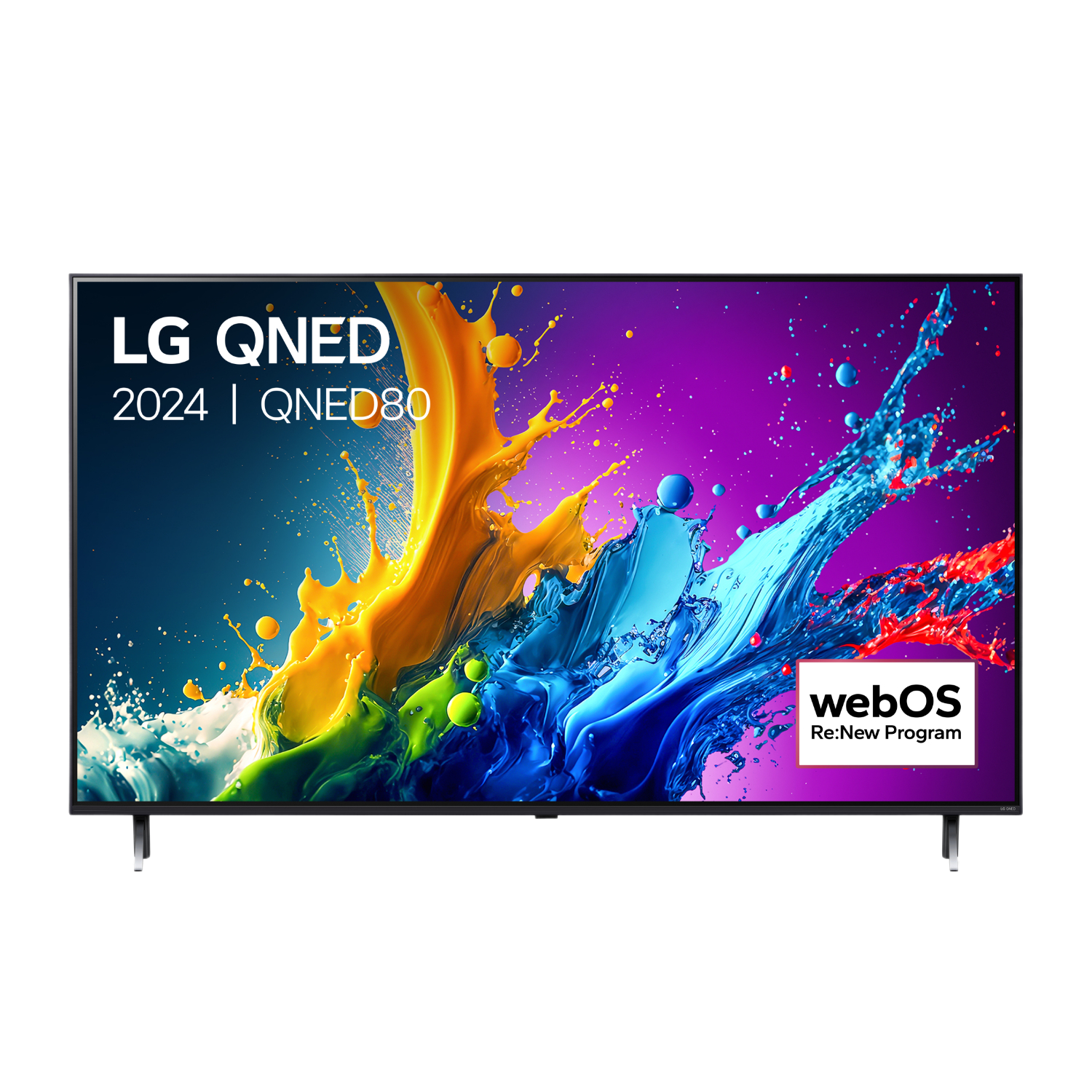 LG QNED tv met kleurrijke abstracte splash art.