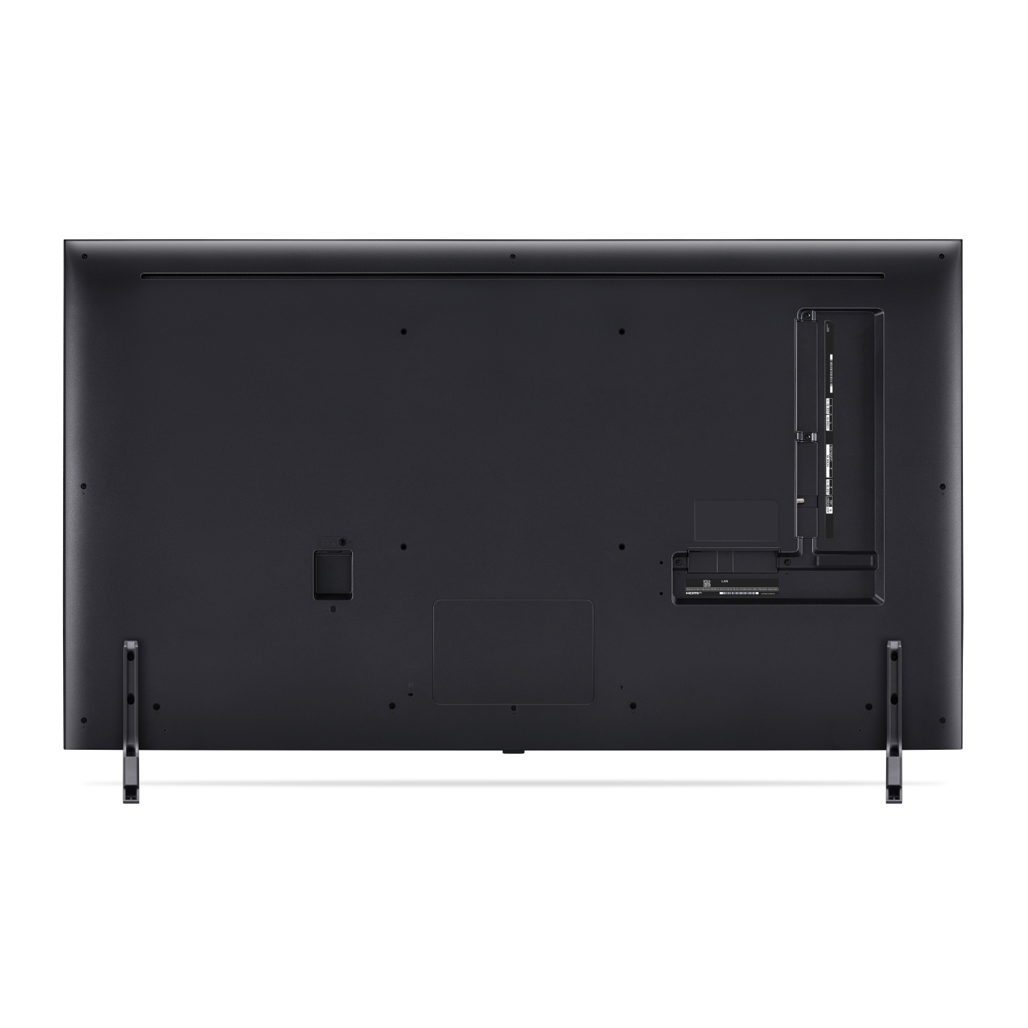 De achterkant van een zwarte flatscreen-tv. Het heeft verschillende poorten en pootjes.