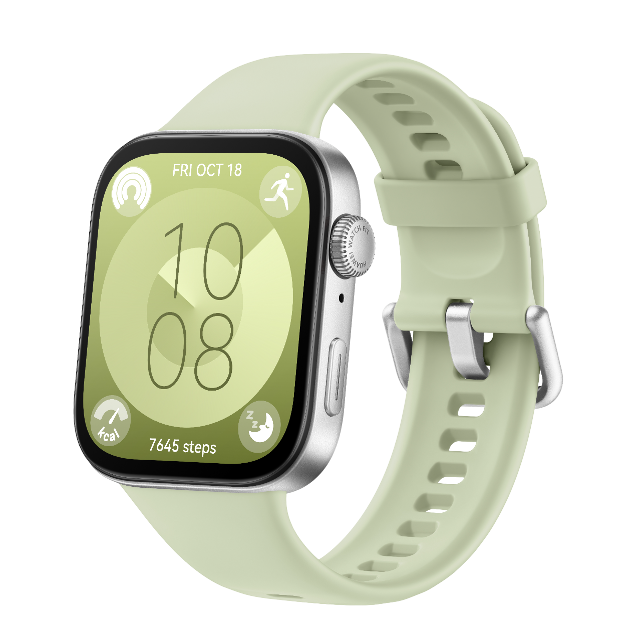 Grüne Smartwatch mit hellgrünem Band, zeigt Zeit und Aktivitätsstatistiken.
