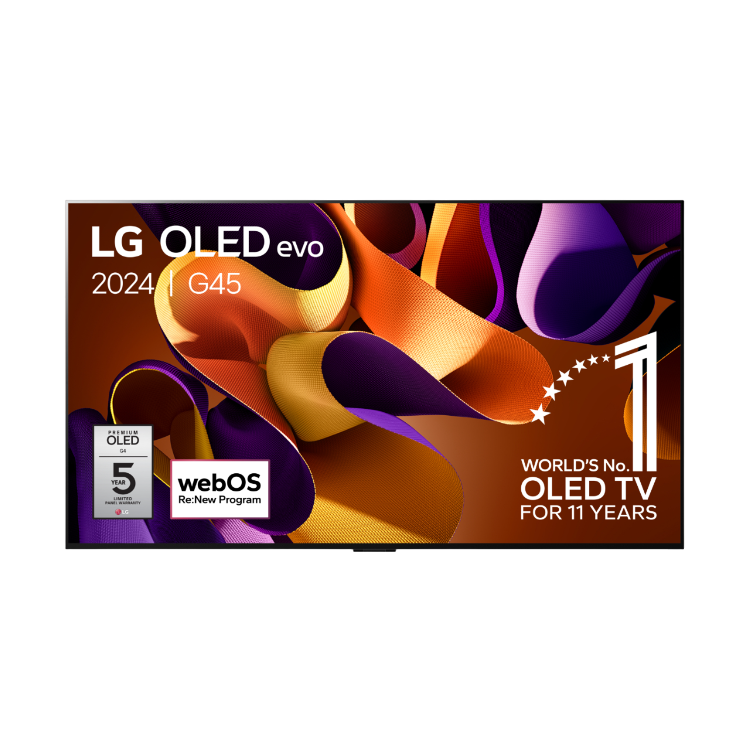TV LG OLED evo 2024 G45. Comprend un logo, un support et le texte : World's No.1 OLED TV.