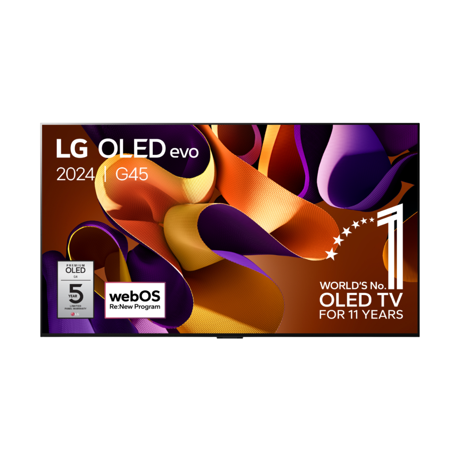 LG OLED evo TV, zwart frame, met abstracte kleurrijke vormen op het scherm. Tekst bevat 'World's No. 1 OLED TV'.