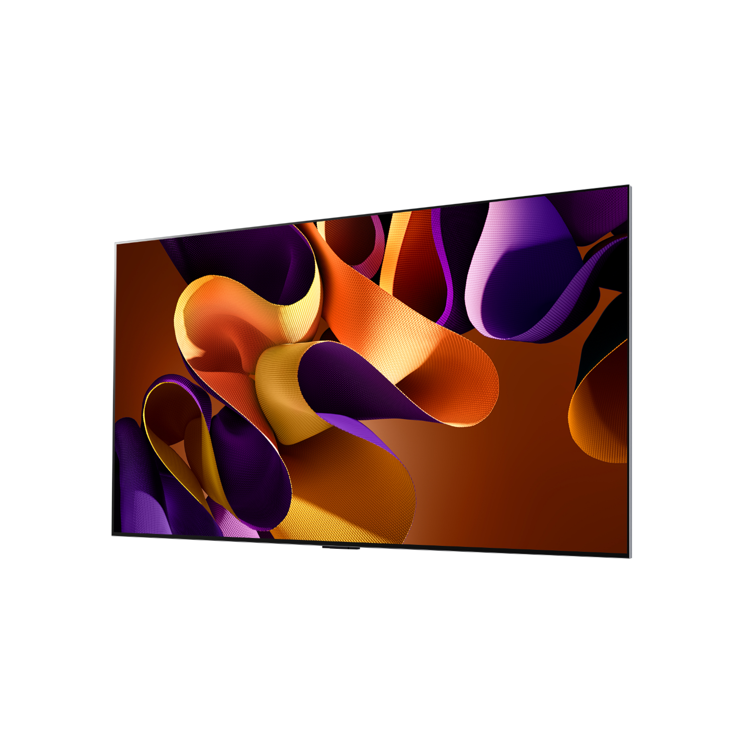 Tv met abstracte kunst op het scherm. De kunst bevat oranje, paarse en bruine golvende vormen. De tv heeft een zwart frame.