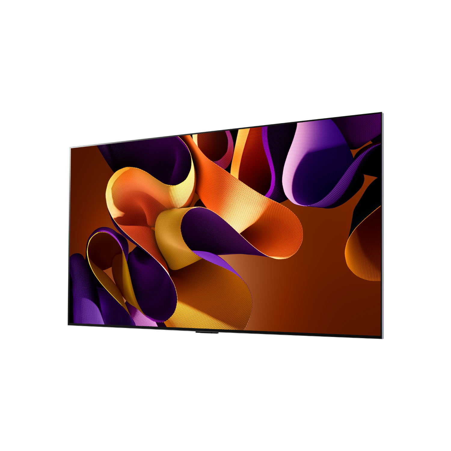 Écran de télévision affichant de l'art abstrait orange, violet et jaune sur fond marron.