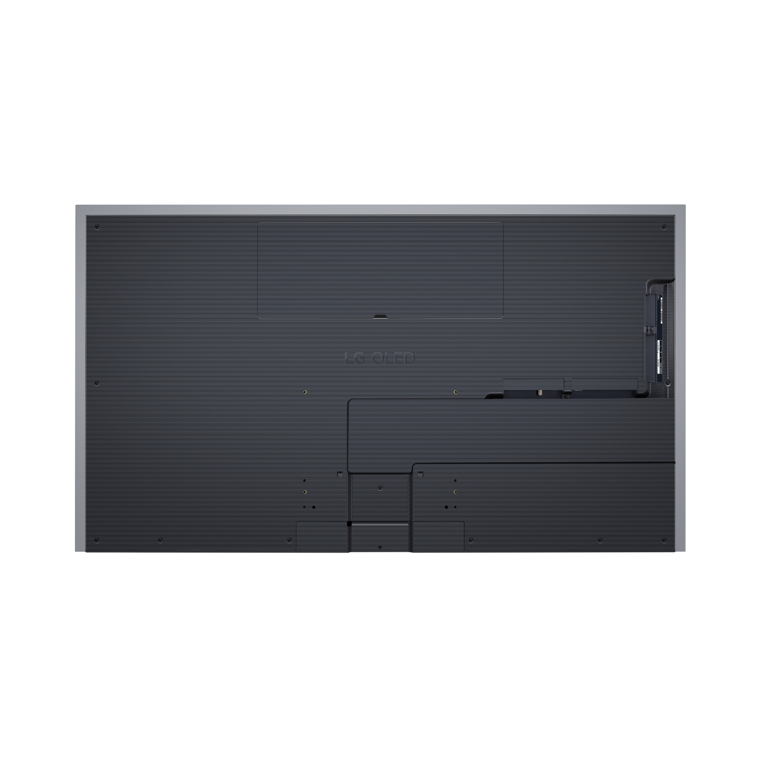 Arrière d'un grand téléviseur LG OLED. Comprend un panneau d'accès, des ports et un design plat et noir.