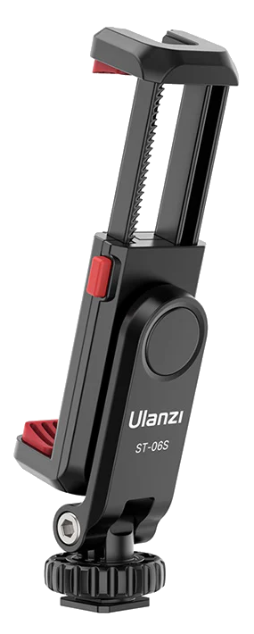 Fekete telefontartó piros díszítéssel, Ulanzi ST-06S modell, fekete háttéren.