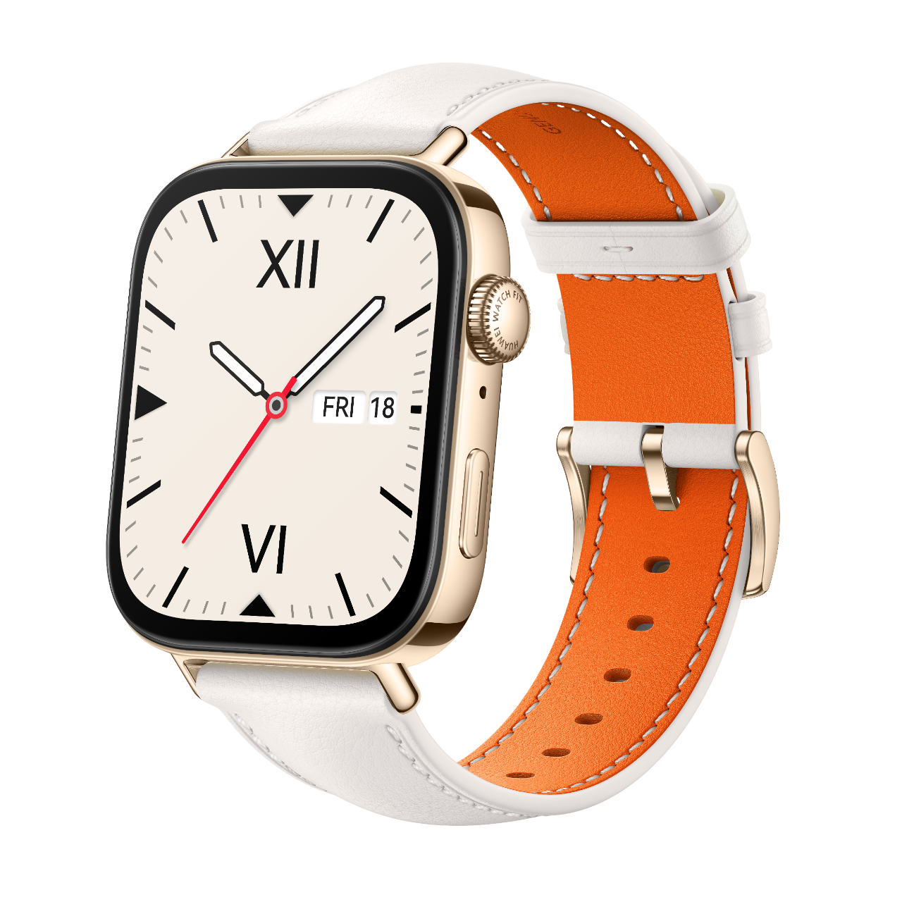 Goldene Smartwatch mit cremefarbenem Zifferblatt, weißem Armband und orangefarbenem Innenraum.