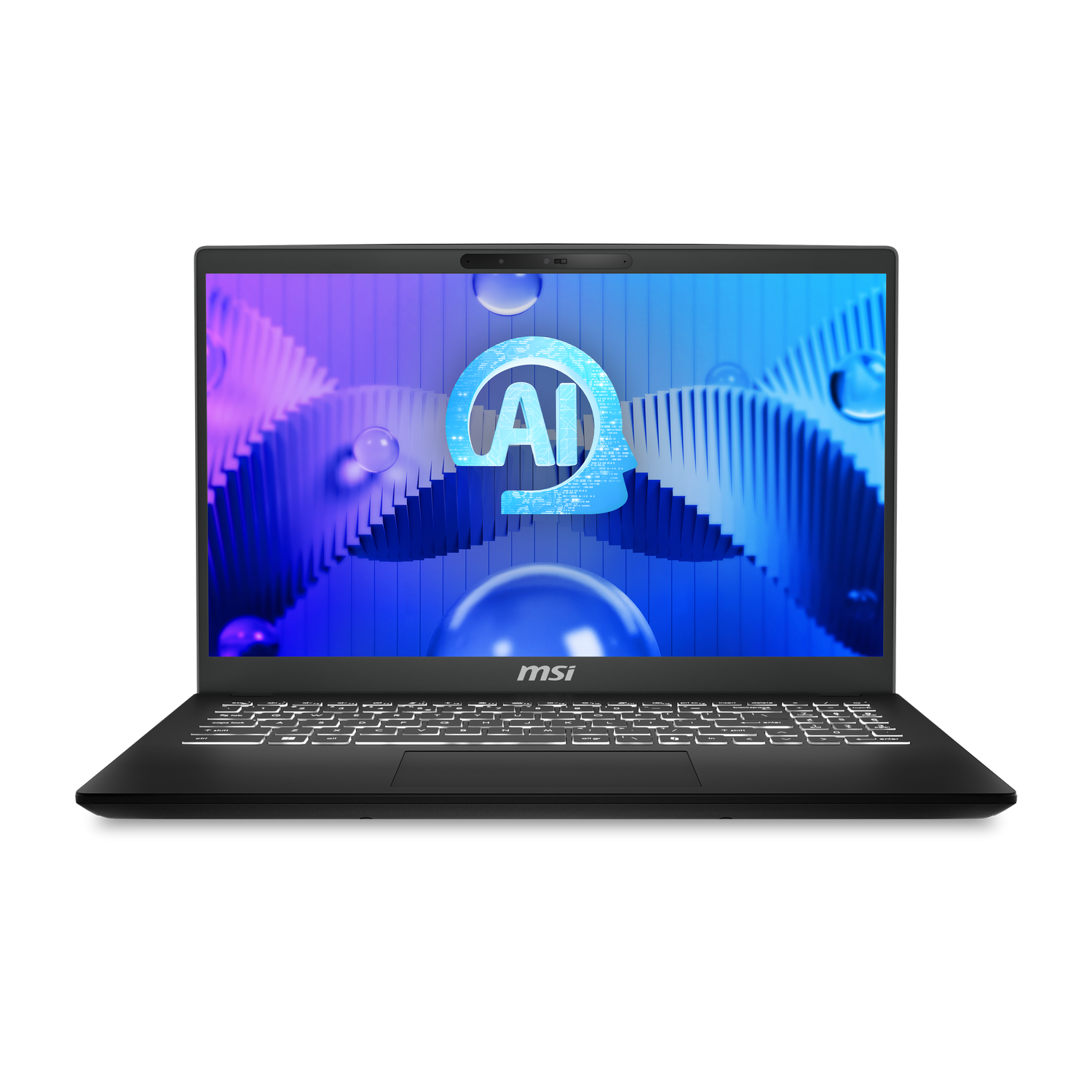 Portátil MSI con gráfico de IA en la pantalla. El portátil es negro y está abierto.