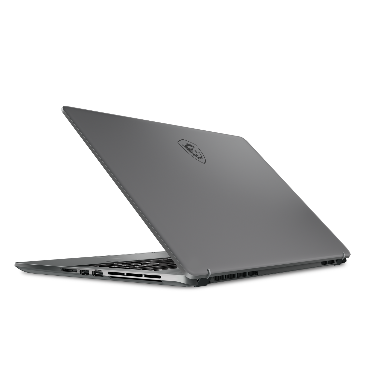 Una computadora portátil con exterior gris, abierta en ángulo sobre un fondo negro.