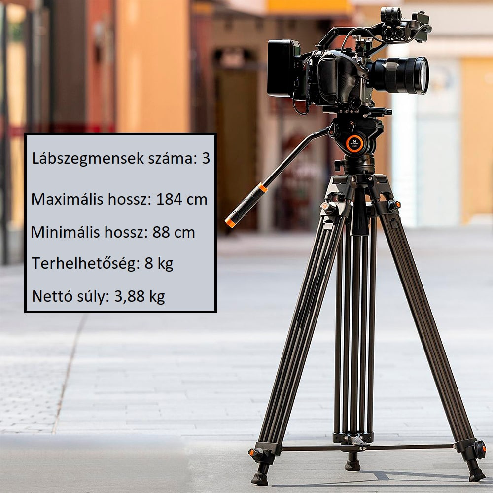 Állvány technikai részletekkel. Max. magasság 184 cm, min. 88 cm, súly 3,88 kg.