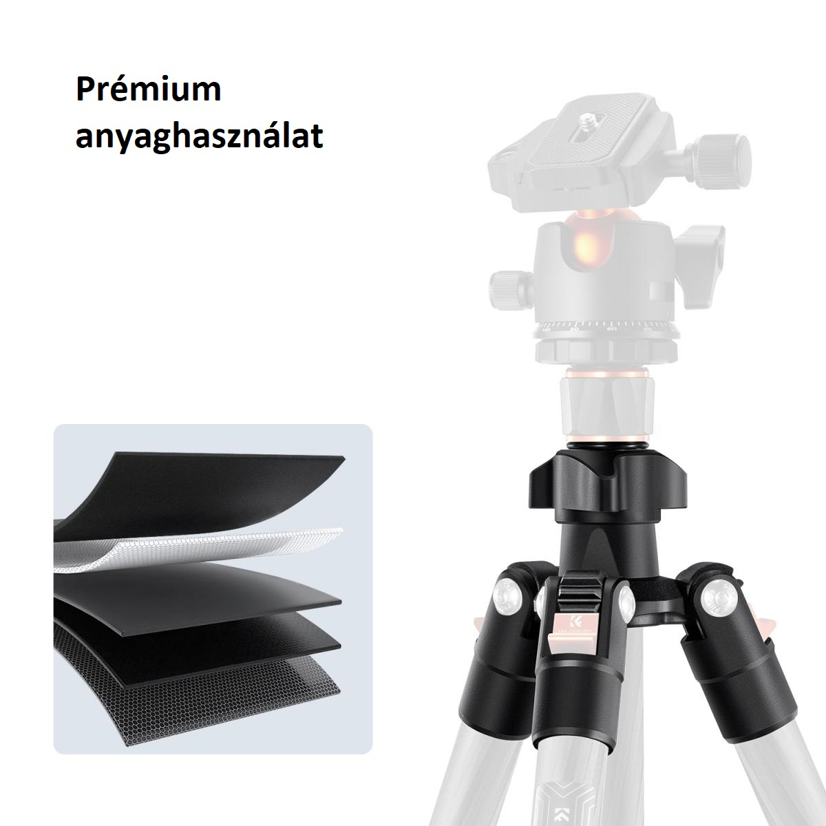 Állvány 'Premium anyaghsználat' felirattal és rétegzett anyag illusztrációval, elmosódott állvánnyal a háttérben.