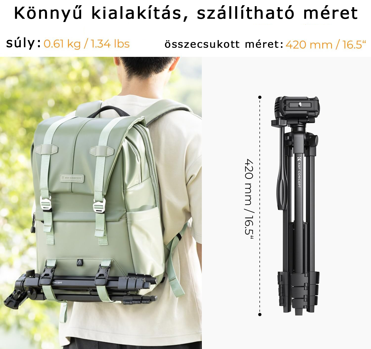 Egy férfi hátizsákkal és állvánnyal. A hátizsák nyitva van, az állvány pedig mellette.