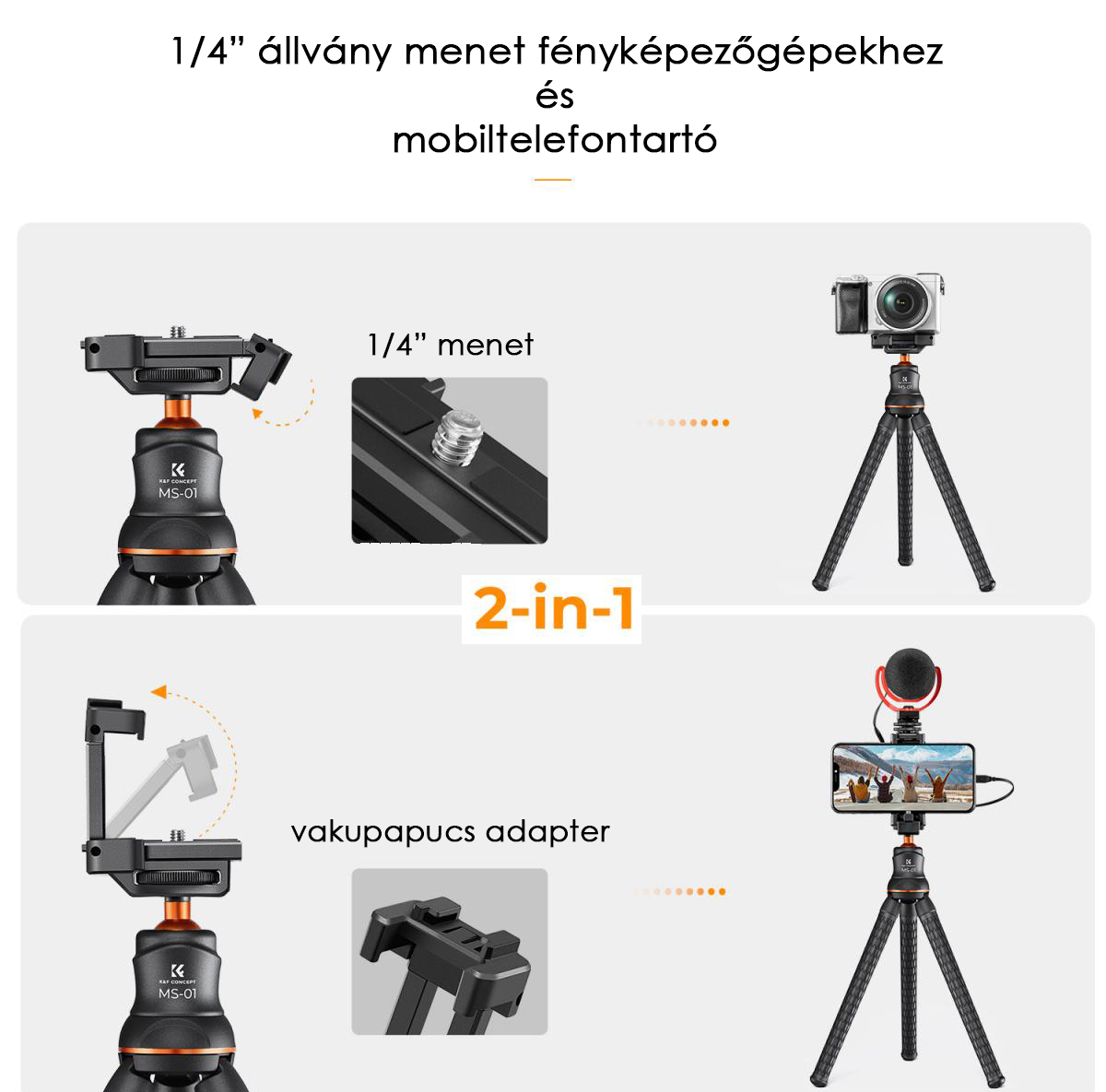 2 az 1-ben állvány, az egyik kamerával, a másik telefonnal és mikrofonnal.