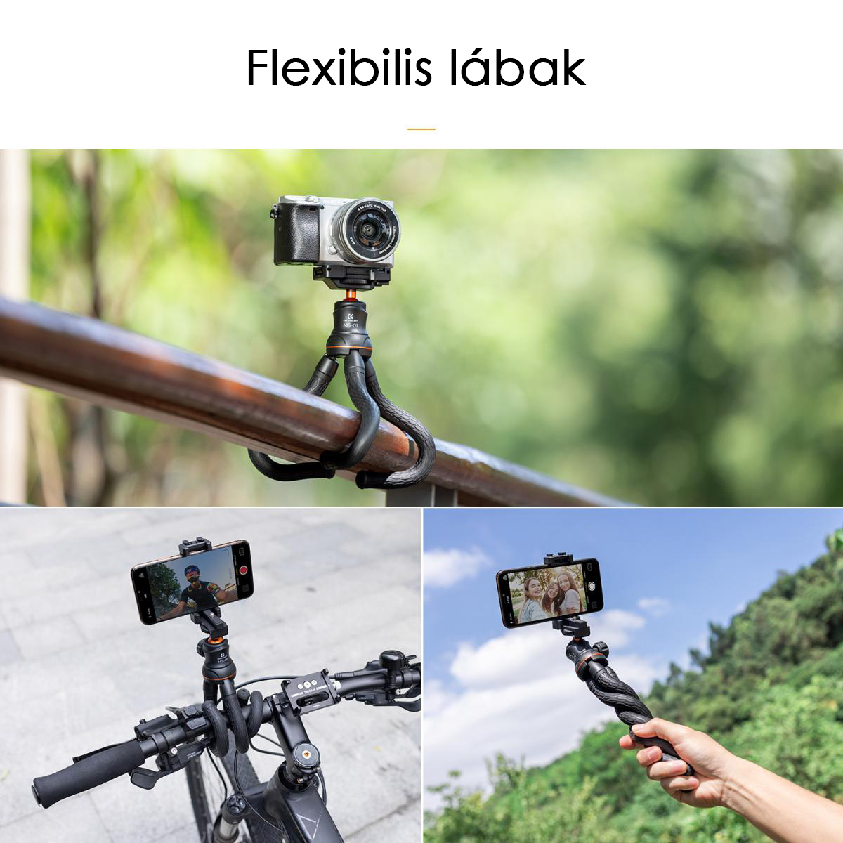 Állvány, kamerával és telefonokkal használva.