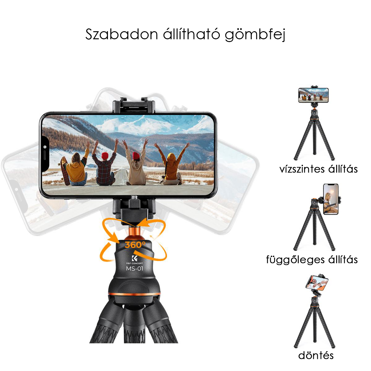 Állvány telefonnal, különböző használati szögekkel.