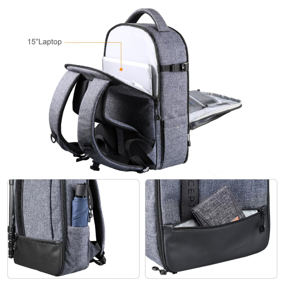 Egy szürke hátizsák, laptop rekesszel, esernyőtartóval és pénztárca zsebbel.