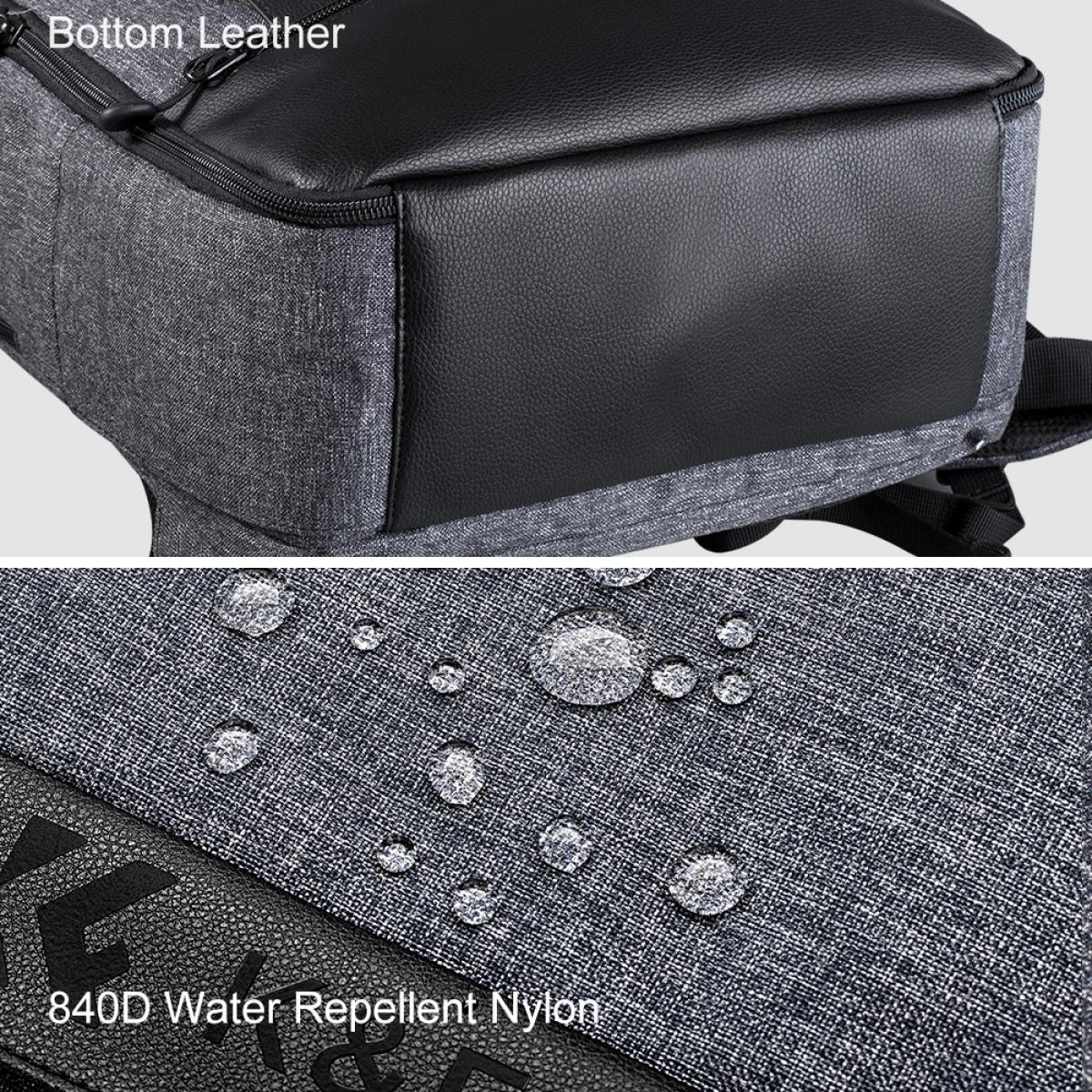Hátizsák aljának közeli képe bőrrel és vízlepergető nylon részletekkel.