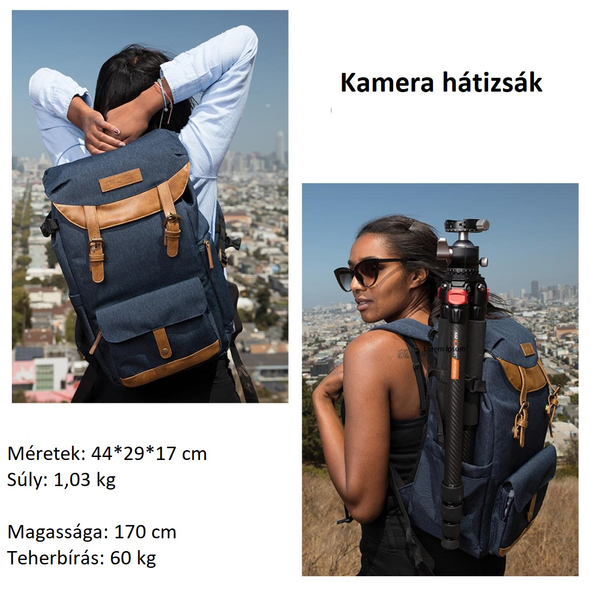 Két ember, mindegyikük hátán egy hátizsákkal. Az egyik egy város közelében van.
