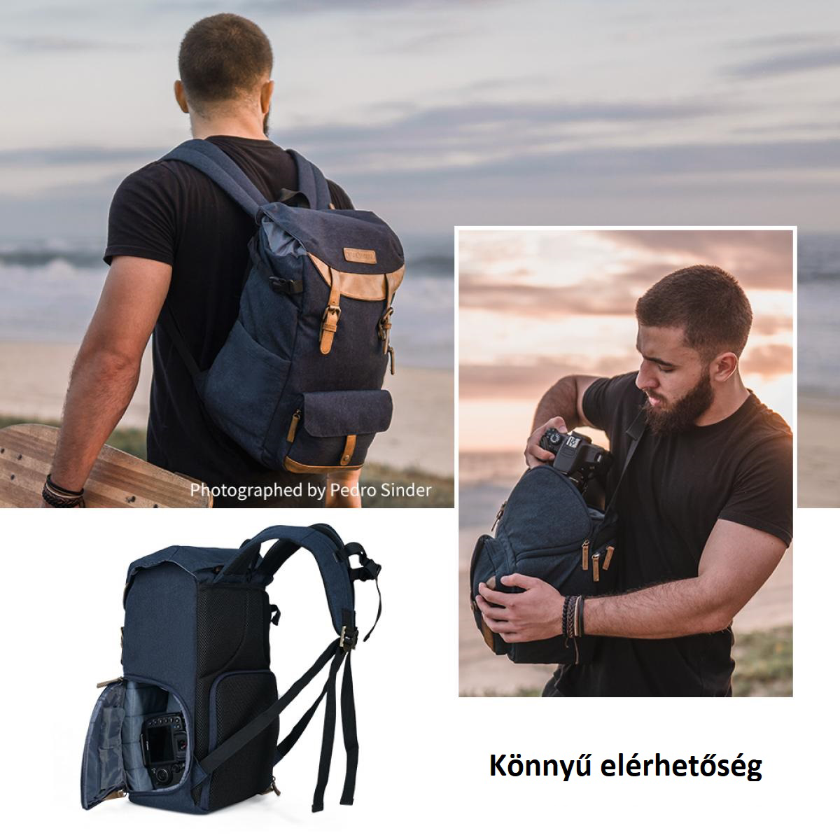 Egy hátizsák több képe, egy férfi használja, a strandon.