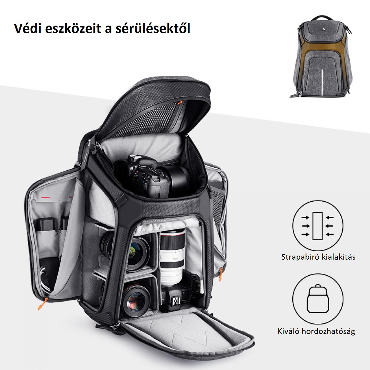 Nyitott fotós táska, kamerákkal és objektívekkel. Védelem és tárolás extra rekeszekkel.