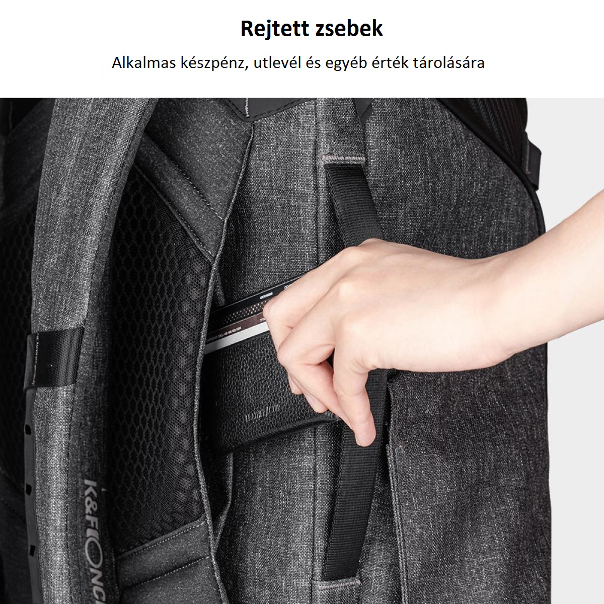 Egy kéz egy hátizsák zsebébe nyúl. A zseb rejtett zsebként van megjelölve.