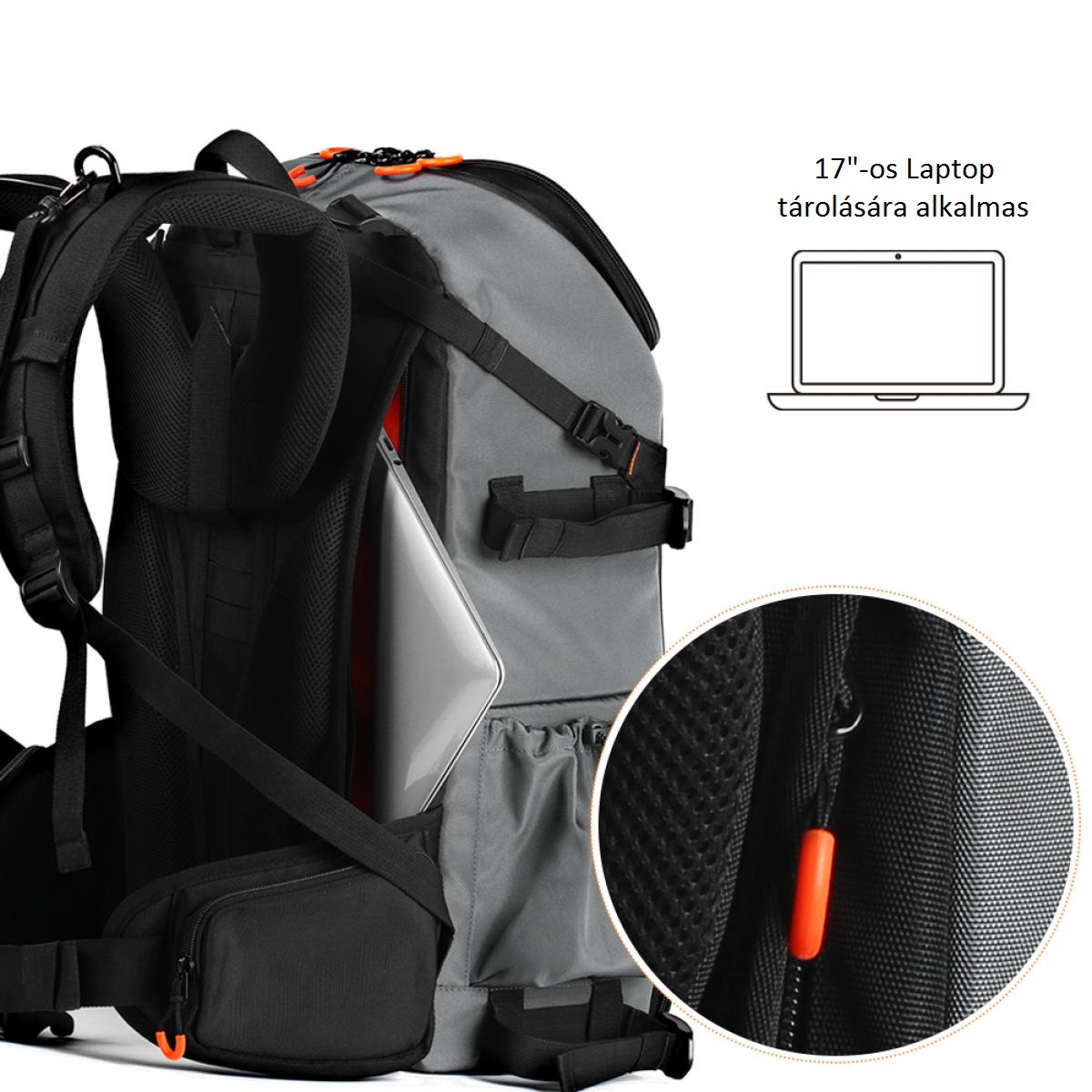 Hátizsák laptop-pal. Részletek a 17 colos laptop tárolásáról.
