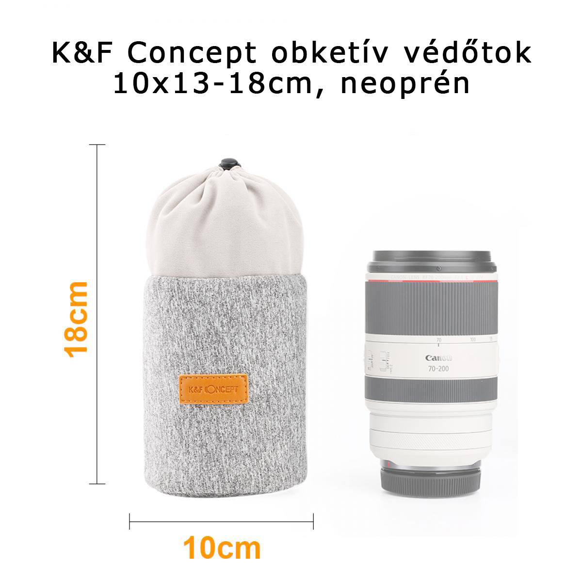 Egy szürke objektívtáska egy Canon objektív mellett. A táska fel van címkézve, méretadatokkal.