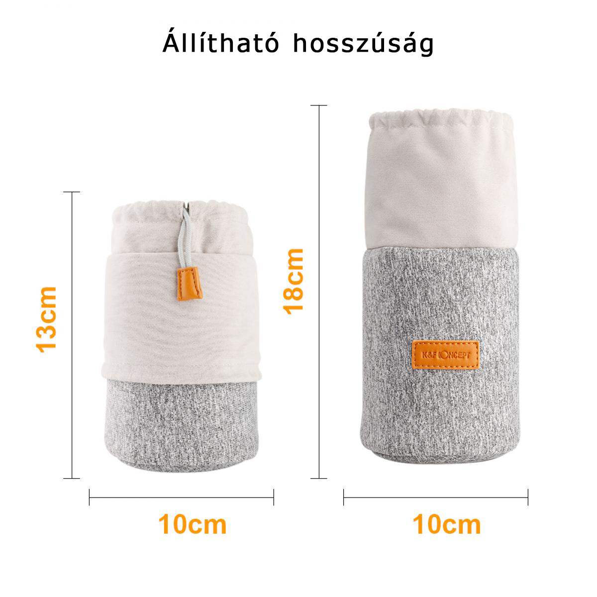Két objektívtok. Egy fehér-szürke, 13 cm magas, és egy szürke, 18 cm magas. Mindkettő 10 cm széles.