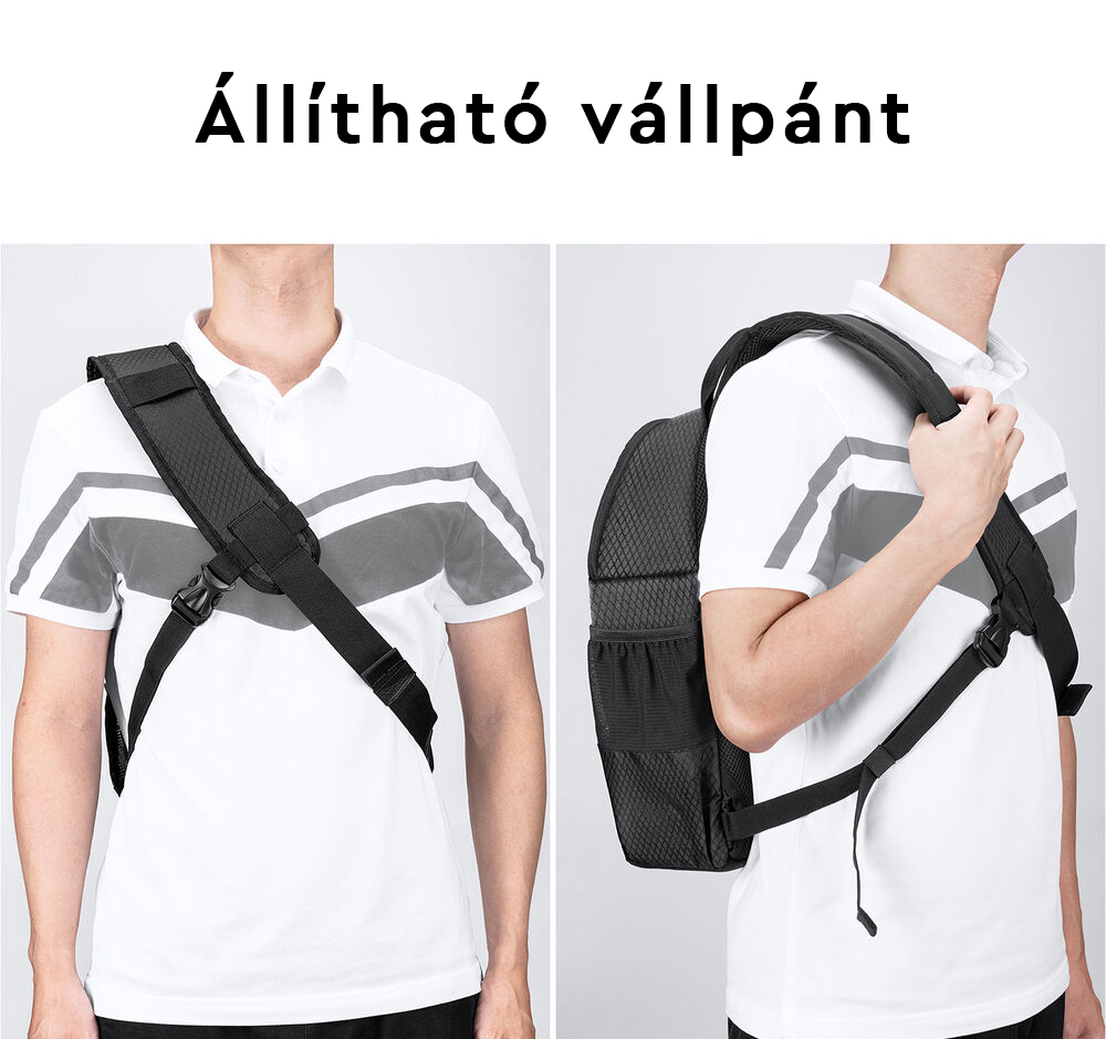 Két kép a hátizsák állítható vállpántjáról egy személyen.