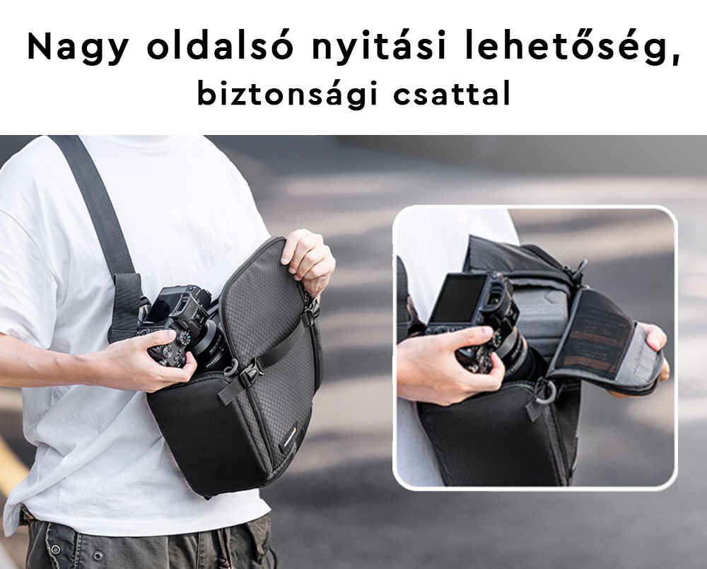 Személy fekete kameratáskát tart. A táska nyitva van, egy kamerát mutat.